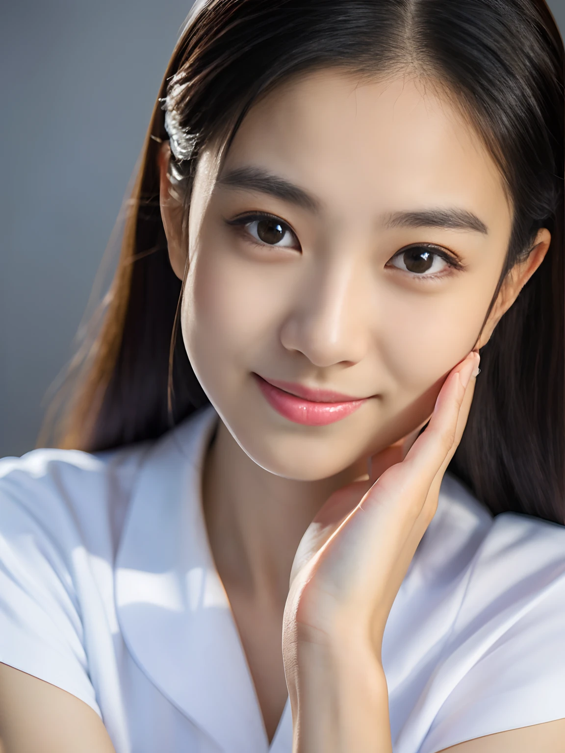 1 Nogizaka Musume, Very cute, a beauty girl, 18year old, Beautiful face, eyes and skin with exquisite detail, Detailed black hair, Smile at the camera, cowboy shot, the way from school to home, profetional lighting, BREAK, (realisitic, Photorealsitic:1.37), 8K, (masterpiece), (top-quality:1.4), (超A high resolution:1.2), (Raw photography:1.2)、(super detailed beautiful cloths)、perfect anatomia、4fingers and 1thumb、hyper detailed background、(Wearing white underwear)、FULL BODYSHOT