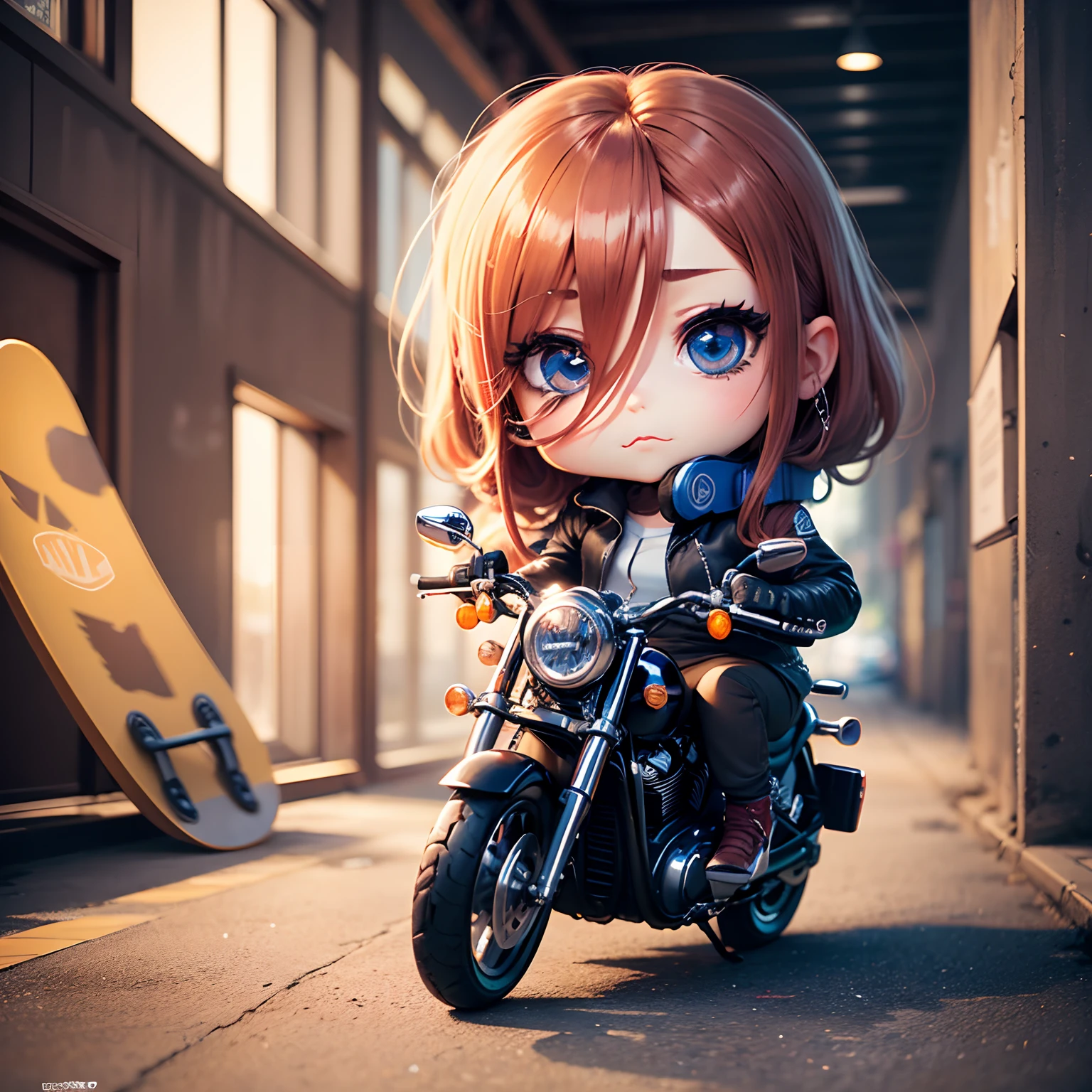 (best quality,ultra-detailed,masterpiece:1.2),(chibi character:1.3)riding a Harley-Davidson,jacket and skateboard,comic-style bull with detailed appearance,nm,illustration,sharp focus,vivid colors,portrait,studio lighting,nm1,headphones around neck