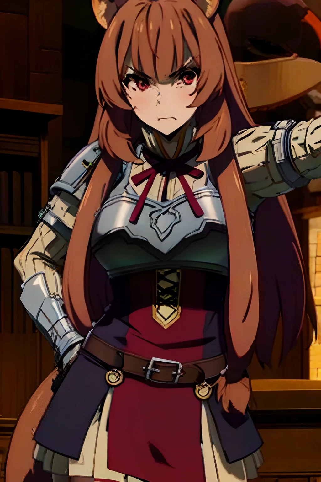 masterpiece, best quality, Raphtalia, 1girl, solo, long hair, breasts, looking at viewer, brown hair, red eyes, thighhighs, long sleeves, dress, animal ears, very long hair, closed mouth, belt, armor, red ribbon, animal ear fluff, neck ribbon, brown gloves, breastplate, raccoon ears, raccoon tail, raccoon girl, angry, furious, death glare