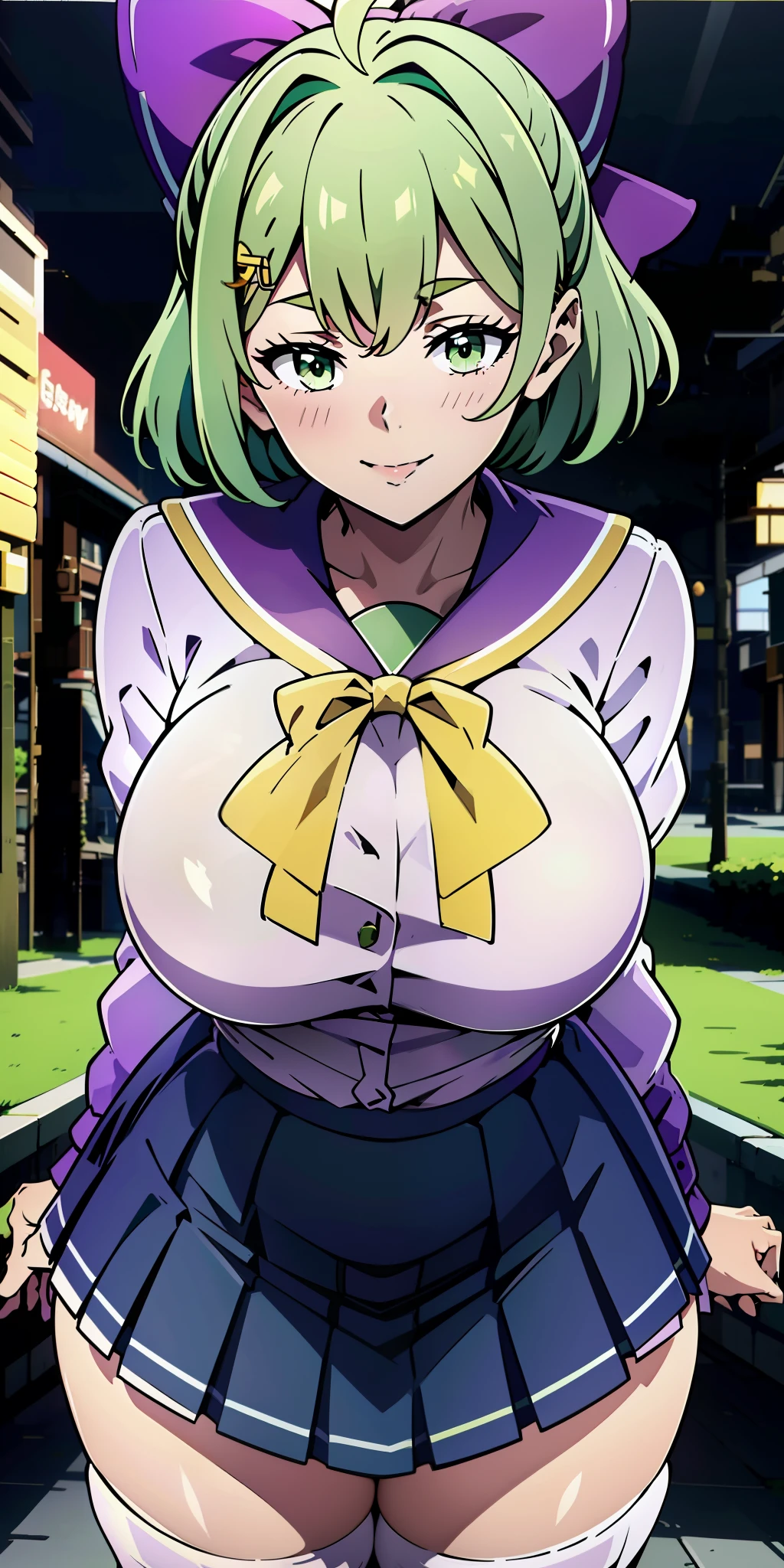 (Best quality:1.5, A high resolution, hyper HD, 4K, Detailed lighting, Shaders), Short green hair，Green eyes，Hair Bow，hair pin，Purple and yellow sailor collar，Striped sailor suit，Pleated skirt in blue color，White stockings，leather shoes，Antenna hair，Beanie eyebrows，Hair rope, Busty,  cleavage, standing, (Close-up Shot Shot), Night background, Smiling, leering, Sexy, Erotic, Seductive，Seduction，Seduction pose