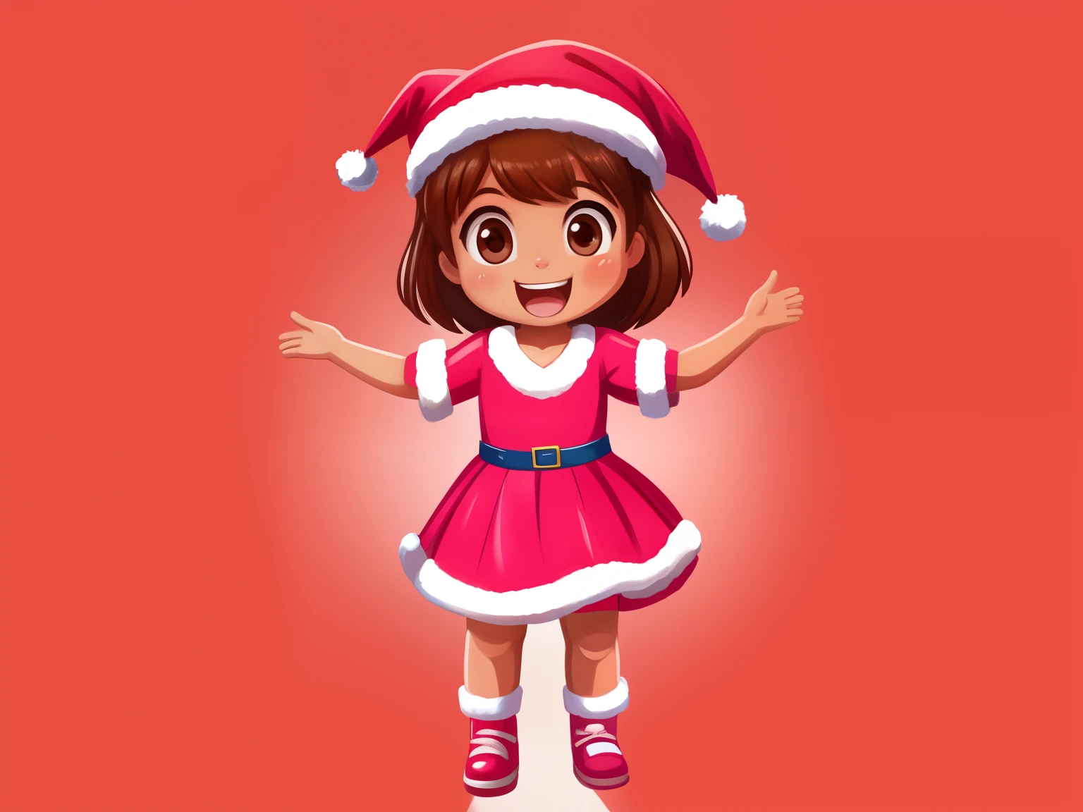 Front image of a 5 year old girl, standing, happy, with brown hair, brown eyes, rosy cheeks, open arms, legs apart, clean background, Christmas outfit, pink gloves, pink shoes, pink hat, children's illustration style 2D.