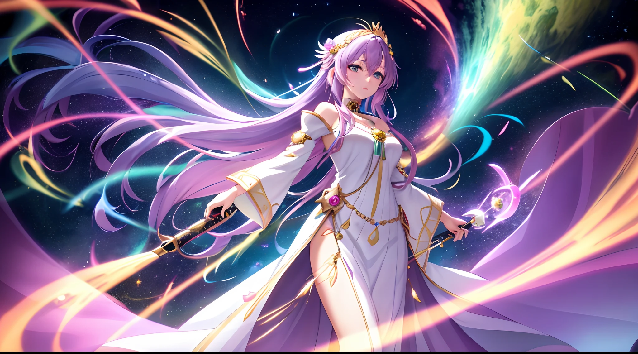 Athena with plain long light purple hair,hair between eyes,green eyes,rosy cheeks,full lips,thin eyebrows,slender body,wearing cosmic-themed tunic with swirling galaxies and full long skirt,praying beads on neck,beads on neck,cute anime girl,full body,cascading waterfalls in background,anime style,Lumen Reflections,Screen Space Reflections,Diffraction Grading,Chromatic Aberration,GB Displacement,Scan Lines,Ray Traced,Anti-Aliasing,FXAA,TXAA,RTX,SSAO,Shaders,OpenGL-Shaders, GLSL-Shaders,Post Processing,Post-Production,cell Shading,Tone Mapping,CGI,VFX,SFX,insanely detailed and intricate, 4K,standing, solo, masterpiece, best quality, detailed face, detailed eyes, highres, standing, solo,masterpiece, best quality