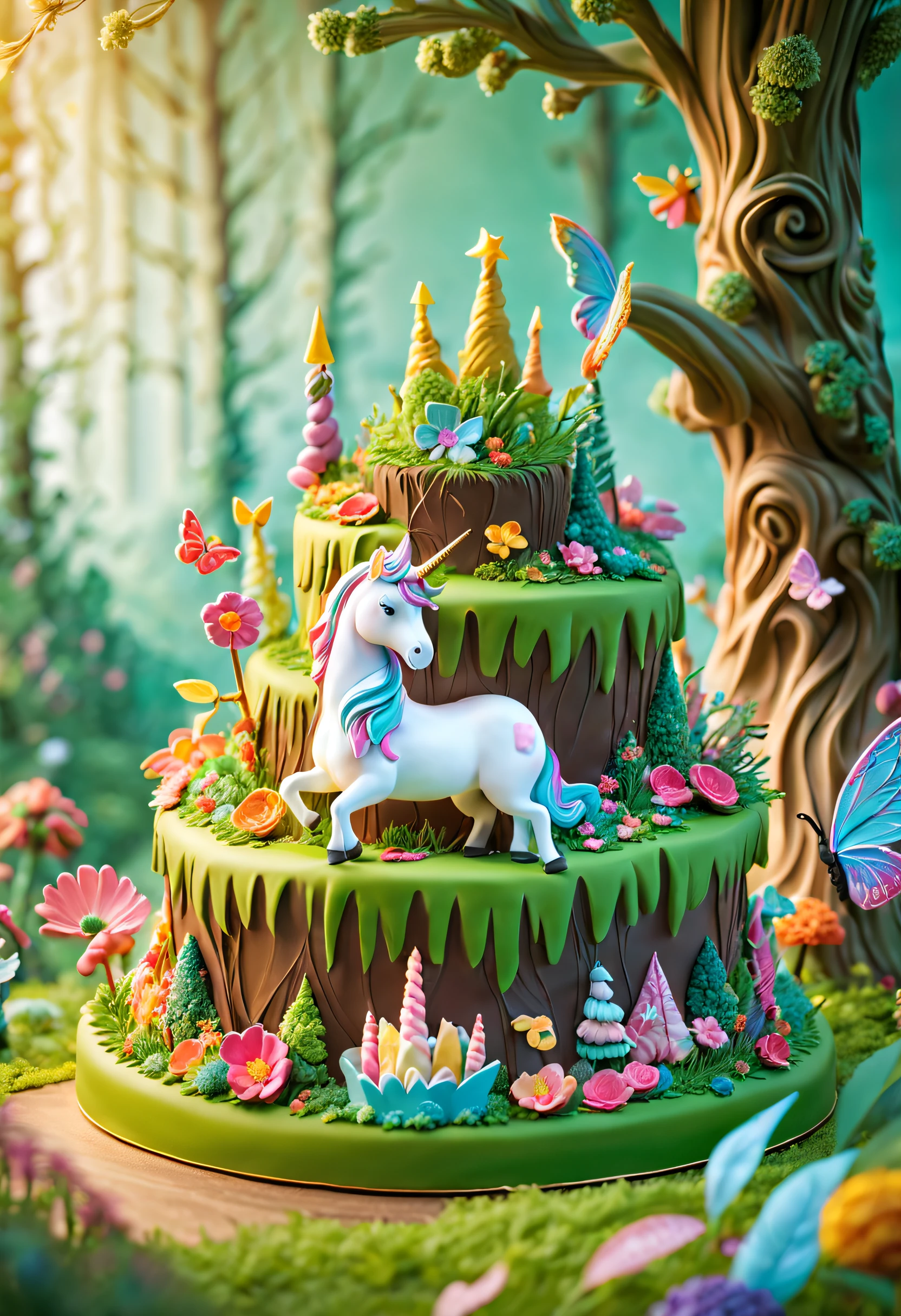 In a fairytale-like forest, a mysterious unicorn stands on a lush green meadow. In front of it, there is a magical birthday cake. The sugar sculptures on the cake form a miniature forest world, with delicate trees, colorful flowers, and butterflies that seem to come alive, full of vitality. The sunlight shines through the leaves, casting a layer of mysterious colors over the entire scene, making it enchanting.

(tags: unicorn, fairytale forest, lush green meadow, magical birthday cake, sugar sculptures, miniature forest world, delicate trees, colorful flowers, butterflies, vitality, sunlight, mysterious colors)