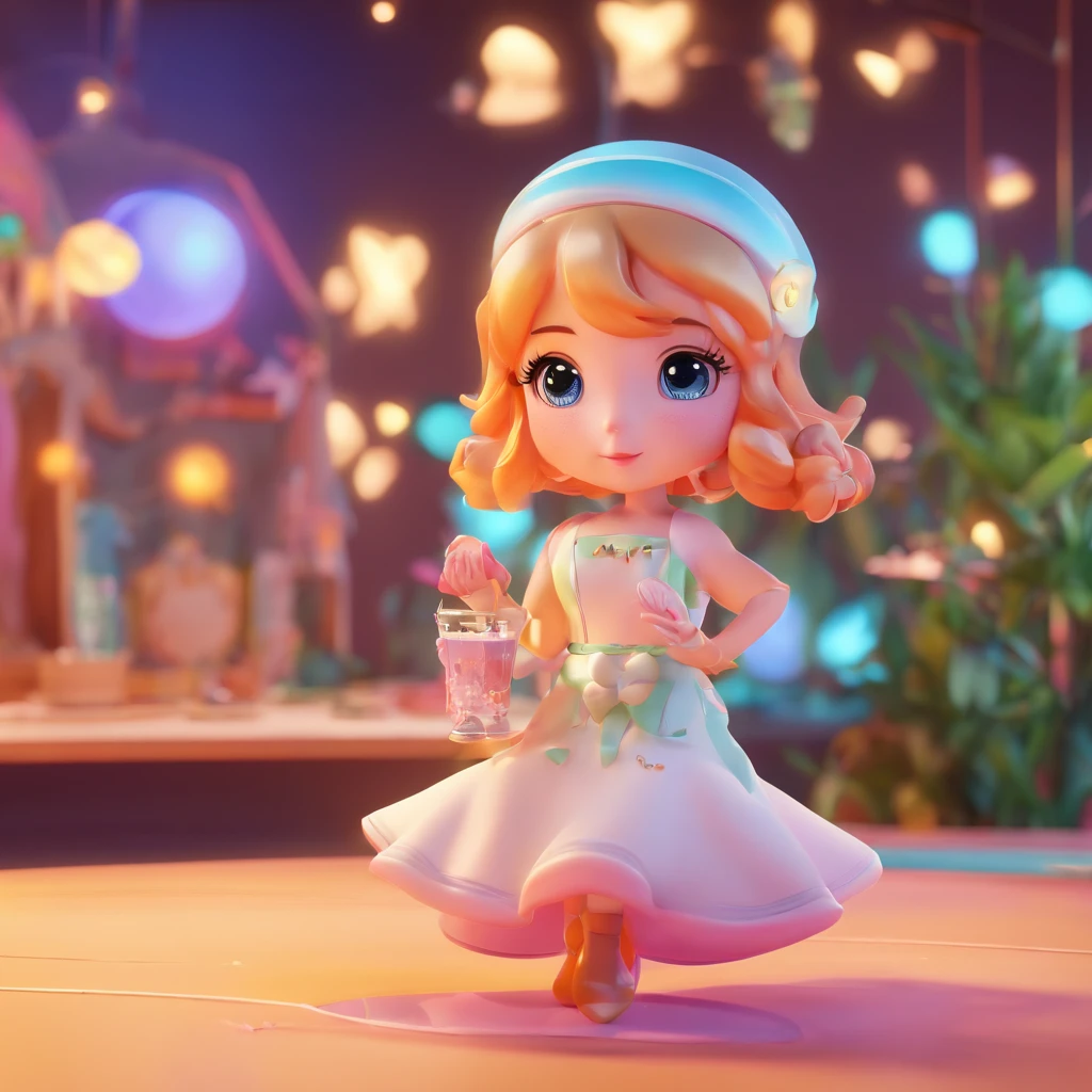 (best quality,3D rendering),popmart, cute girl IP, bright eyes, cherubim, little white dress, clay, model, blind box toys, glossy and delicate, beautiful background, good lighting, vibrant colors