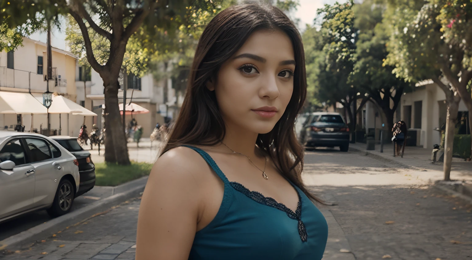 22-year-old Mexican woman, , Con un elegante vestido, con una universidad de fondo. La joven tiene rasgos llamativos, caracterizado por ojos detallados, labios detallados, y una cara extremadamente detallada. She has long eyelashes that enhance her feminine charm. The scene uses a variety of artistic mediums, such as illustration or oil painting, para lograr una alta calidad, realista, e imagen fotorrealista. La calidad de imagen es exquisita, with a high resolution of 4K or 8K, Giving it a masterpiece look. Lighting emphasizes the woman's features, creating a vivid and captivating effect. La paleta de colores se selecciona cuidadosamente, focusing on vibrant colors that enhance the overall visual impact. The composition of the portrait shows the elegance and confidence of the woman, capturando su personalidad y juventud. Va caminando por la calle