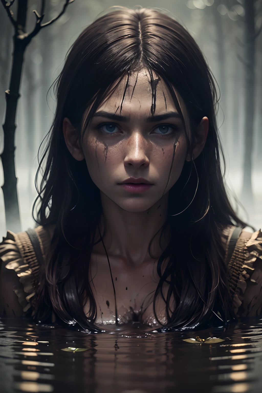 hyperrealistic survival photography of Norwegian woman creeping in a deep swamp, half body  soaking in mud, muddy, dirty, skin pores, pores, dark background, foggy atmosphere, dramatic lighting, natural colour, mysterious