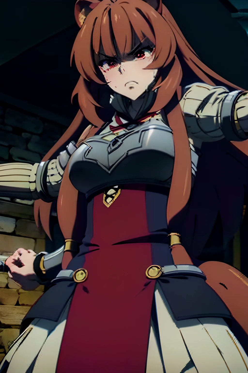 Raphtalia's expression of anger is intense and palpable. Her red eyes, usually warm and friendly, now narrow with fiery determination. They glisten with fierce resolve. Her eyebrows are furrowed in a sharp, prominent V-shape, emphasizing the intensity of her emotion.

Her closed mouth forms a tight, thin line, indicating her suppressed anger. Her lips press together, and you can see the tension in her jawline. This restraint amplifies the severity of her emotions, suggesting that she is holding back a torrent of emotions beneath the surface.

Her posture also speaks volumes about her anger. Her body appears rigid, and her muscles seem taut beneath her dress and armor. Every inch of her stance exudes defiance and readiness for action. Her fists may be clenched, further accentuating her determination.

The "death glare" in her red eyes intensifies the overall expression. She gazes directly at the viewer with an unwavering, piercing stare that could send shivers down one's spine. This glare seems to convey not just anger but a strong desire to confront and overcome whatever has provoked her.

In this moment, Raphtalia's anger is a potent force, and it's evident in every aspect of her appearance and demeanor. It's as though a storm of emotions has taken hold of her, and she's prepared to channel that energy into her actions.