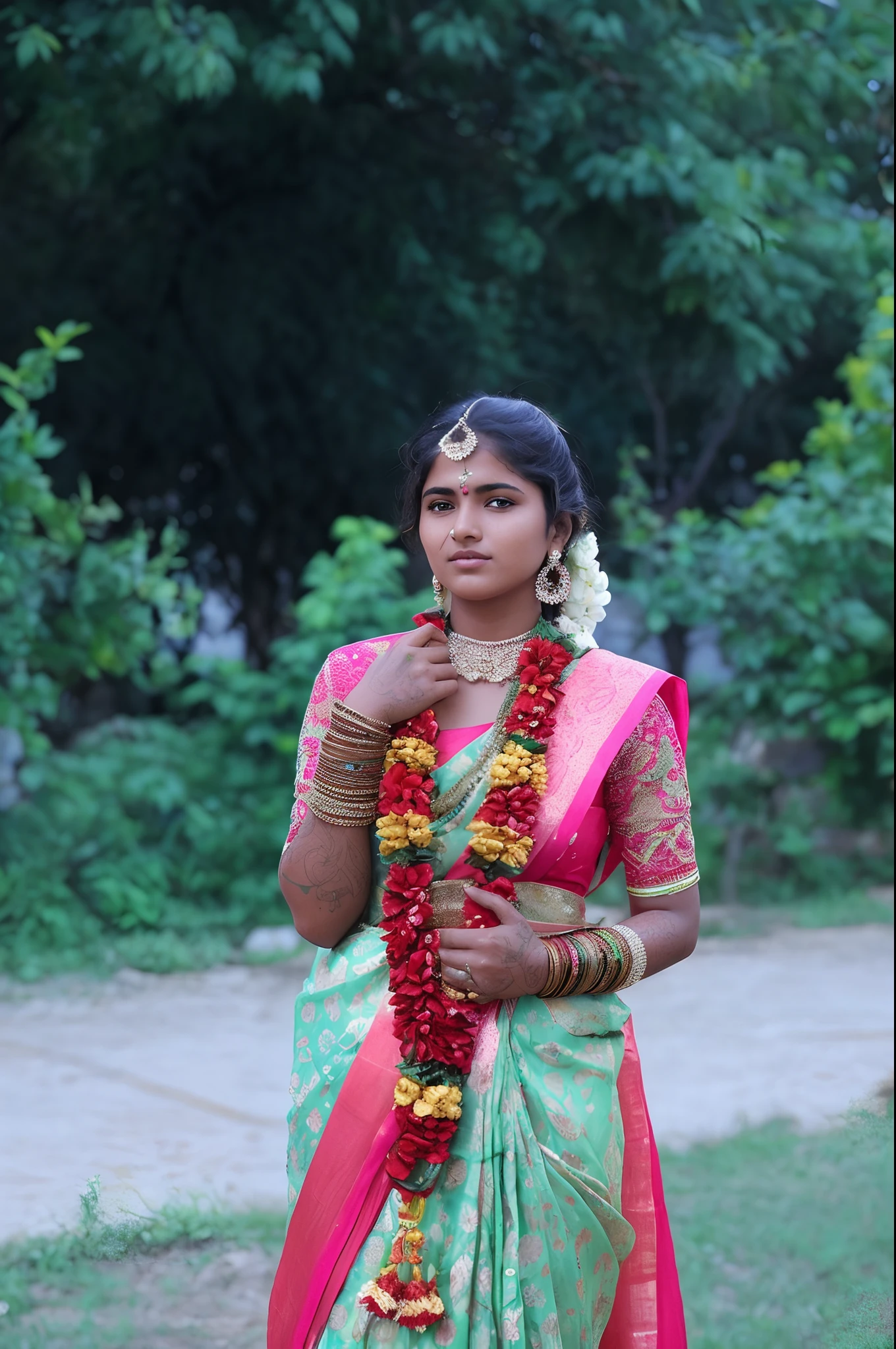 Mujer arafed en un sari verde y collar rojo sosteniendo una guirnalda de flores, indian girl with brown skin, Belleza tradicional, indio, chica muy hermosa, photo of the girl, Una hermosa joven, novia, muy, muy hermosa mujer, Muy hermoso estilo Enga, Foto de mujer joven, hecho de flores y bayas, Vestir atuendos tradicionales, Peinados femeninos tradicionales