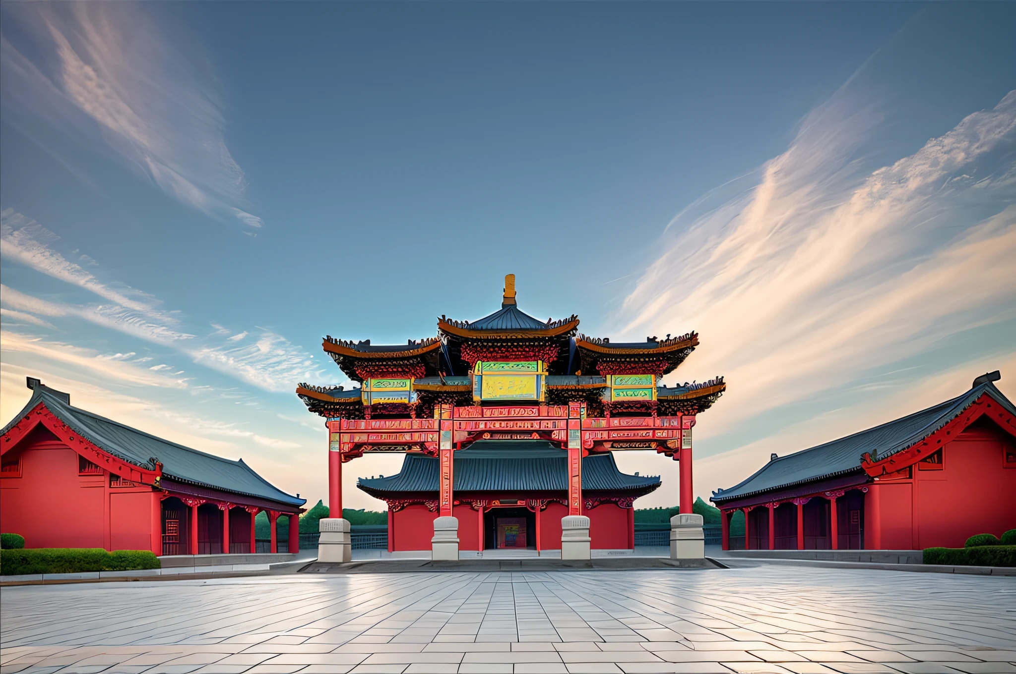 There is a large building with a red roof and a yellow gate, Ancient Chinese architecture, Chinese architecture, Tang Dynasty Palace, Chinese palaces, beijing, Chinese style buildings, chinese temple, the forbidden city, baotou china, the forbidden city, Taoist temples and monks, Chinese tradition, nanquan, dreamland of chinese, With a Chinese temple, by Xuande Emperor