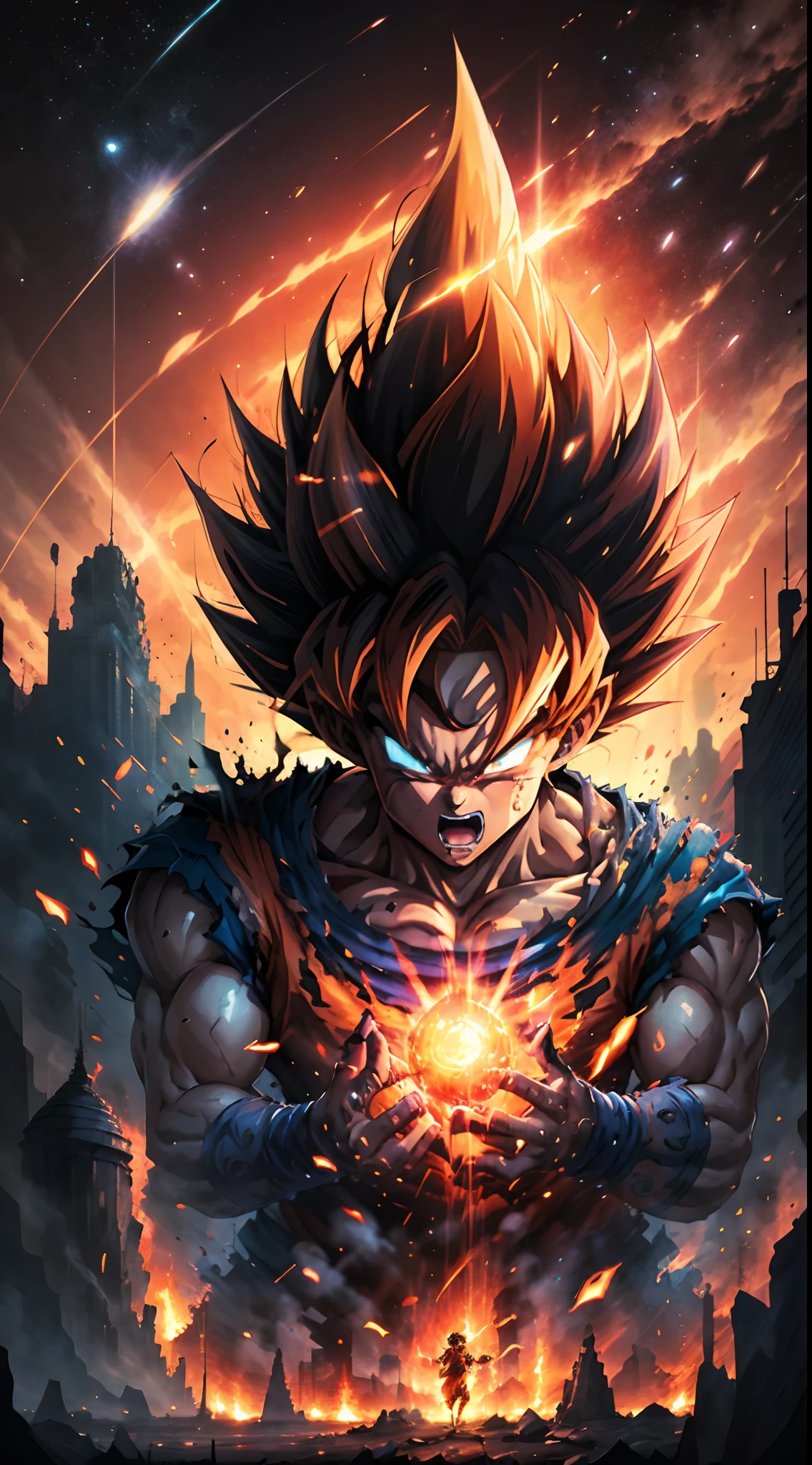 Detailed anime artwork, beautiful vector curves, highest quality 8k, depth of field, Dragon Ball universe anime epic art, manga wallpaper, detailed digital anime art, digital advanced anime art.Goku with meticulously detailed handsome face, glowing red eyes, extreme instinct state mode, epic anime about energy man, fire, lava.