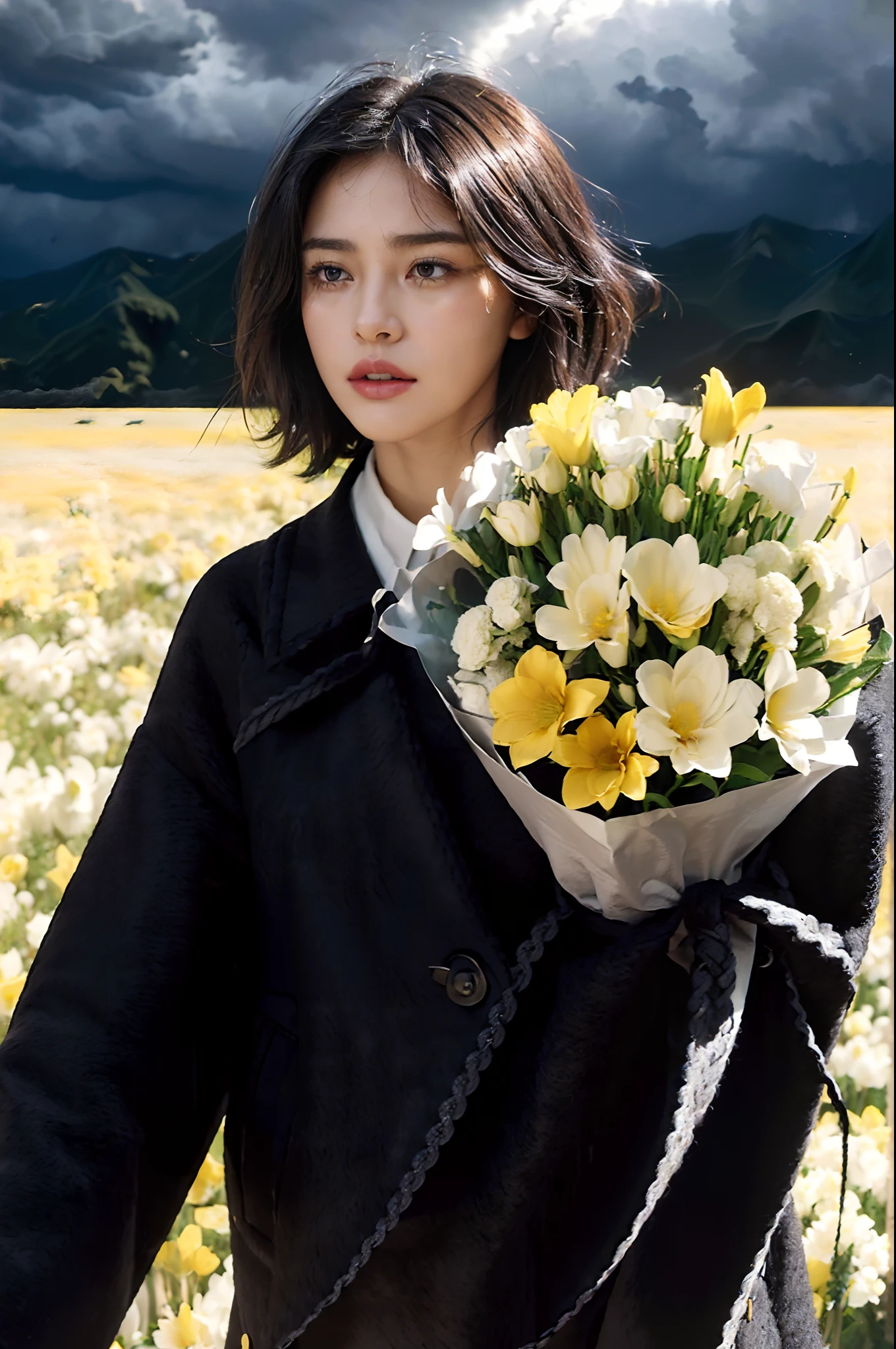 (shoulder length straight short hair: 1.2),(black hair:1.3),(Extremely meticulous CG 8k wallpaper），（Extremely refined and beautiful），（Masterpiece:2.0），（best qualtiy：2.0），（Ultra High Resolution：1.0），beautiful light up，Perfect lightning，realistic shaded，[A high resolution],(Smooth and flawless fair skin:1.5),Extremely exquisite facial details,(perfect body：1.1），ultra - detailed,A beautiful girl,small head,(Small breasts:1.1)，Flat chests，slim，thin,Sad, solemn,(Crying:1.2), (tears:1.2),(black woolen coat:1.5),(white collared shirt),standing,Outdoor,(in a vast square:1.5),(Holding a large bundle of yellow and white flowers in arms:1.2),(dark cloudy day:1.3),Portrait photo,close-up of upper body,from front,close eyes,(Bow head:1.1),Devout silence