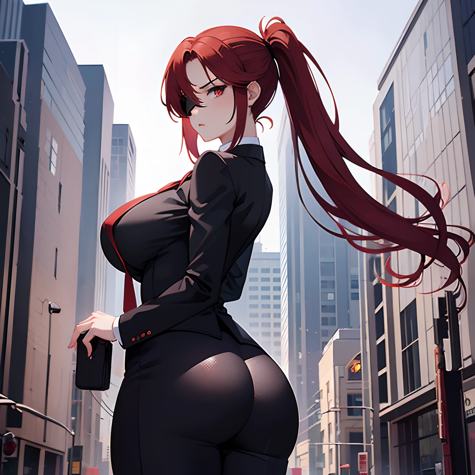 1girl, detailed face, detailed eyes, red hair, long ponytail, white eyes, serious, eyepatch, ????????????, huge ???, black suit, business suit, red necktie, pants, outdoors, city