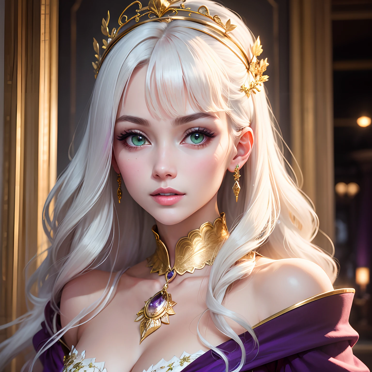 masterpiece、top-quality、ultra-detailliert、long wavy white hair、Big moss-green eyes、Pure white and transparent to the touch。For a party dress with a velvet texture in Bordeaux color、It is luxuriously decorated with gold and amethyst。Miss World Winner、Close-up Face、The background is the exterior of Buckingham Palace、