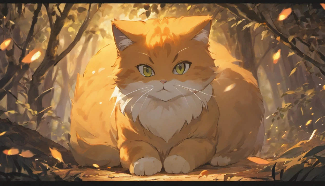 Create realistic orange plush cat drawings, Ted Style, Handmade drawings,shadowy, In the forest with magic balls