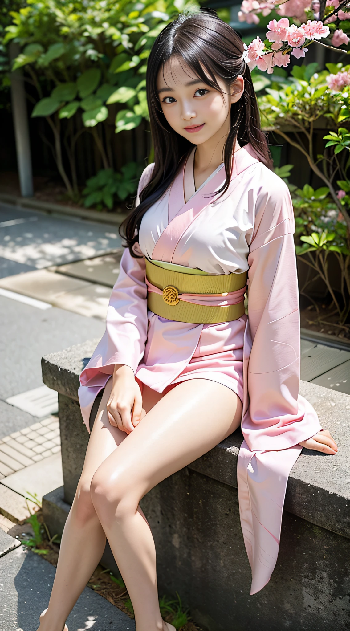 (ultra best quality、超A high resolution、8k、masterpiece:1.3)、Beautiful Women in Perfect Figure:1.4、(Fluttering hair)、A dark-haired、Semi-long hair、Fantastical、Kogal、Skinny Legs、Age is16years old、small tits、Beautuful Women,、Lori face、, ((((Pink kimono)))),、、(Flashy design)、Teen, 、Eyes and faces with detailed,、二重まぶた、(golden hair ornaments)、A smile、、beatiful backgrounds、full body Esbian、Japan countryside、mont、Beautiful Landscapes