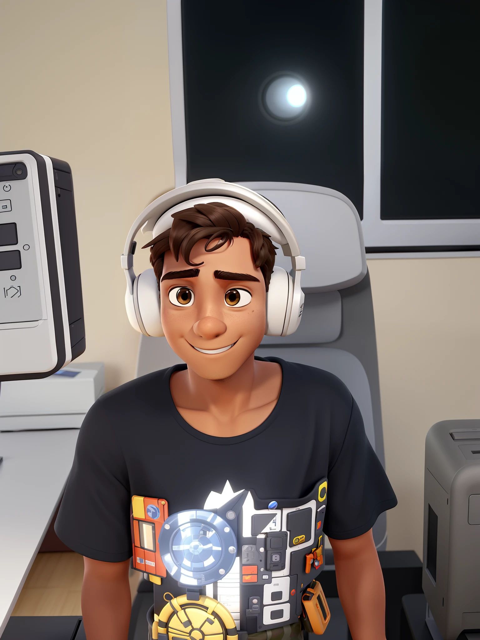 Um menino de quatorze anos, bronzeado de sol, enfrente ao seu computador , corte de cabelo estilo militar , with your headset on your head. Se transforma em um personagem pixar.