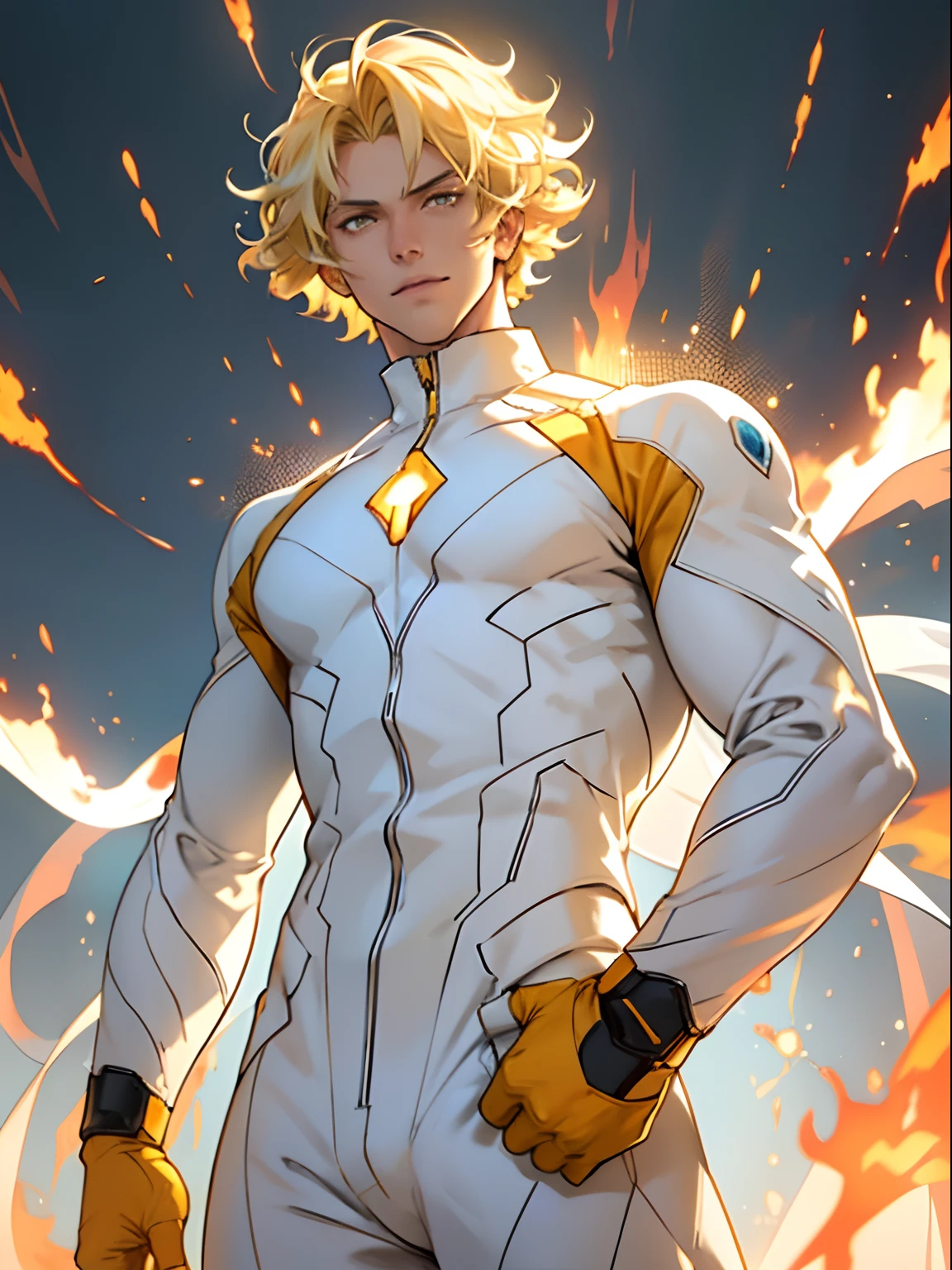 Tall guy. Young guy. ah high. Coiling hair. blonde man. Golden hair. hair glows. Light. White futuristic costume. futuristic jumpsuit. white body suit. in full height. Yellow eyes. fire. short curly hair. blonde man. Flickering particles in the air. Hero pose. Superhero Guy