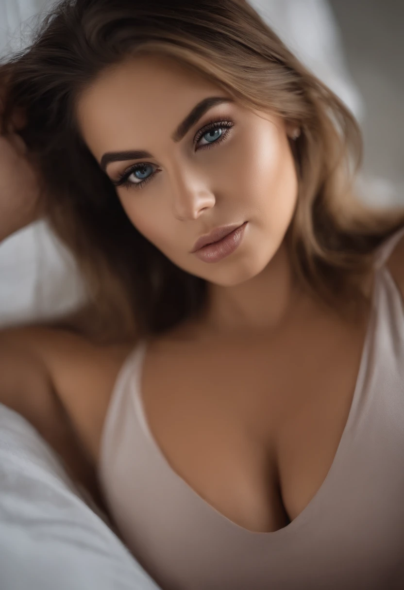 Arafed Mujer totalmente , Chica sexy con ojos azules, ultra realista, meticulosamente detallado, Retrato Sophie Mudd, cabello rubio y ojos grandes, selfie de una mujer joven, Ojos del dormitorio, Violeta Myers, sin maquillaje, Maquillaje natural, staring directly into camera, cara con artgram, maquillaje sutil, Impresionante foto de cuerpo completo arrodillado en la cama, En el dormitorio, Large bust, en la playa