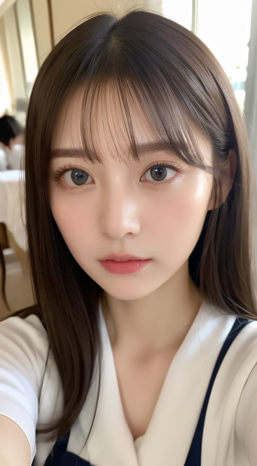 ((top-quality、8K、​masterpiece:1.5))、One girl、(Unhealthy face)、(Letter to)、Blunt bangs、(Lots of bangs:1.4)、(full body Esbian:1.4)、(Symmetrical face)、hyperdetailed face、Ultra detailed mouth、A detailed eye、Detailed ears、Slim Faces、(selfee:1.4)、(Looking Up)、(From  above)、(Straight long hair、Ahoge:1.3)、(Upper Eyes)、the background is blurred、(maid clothes:1.3)、lipgloss、(Hotel Bed)、(natural soft light:1.3)、(Looking straight ahead:1.5)、