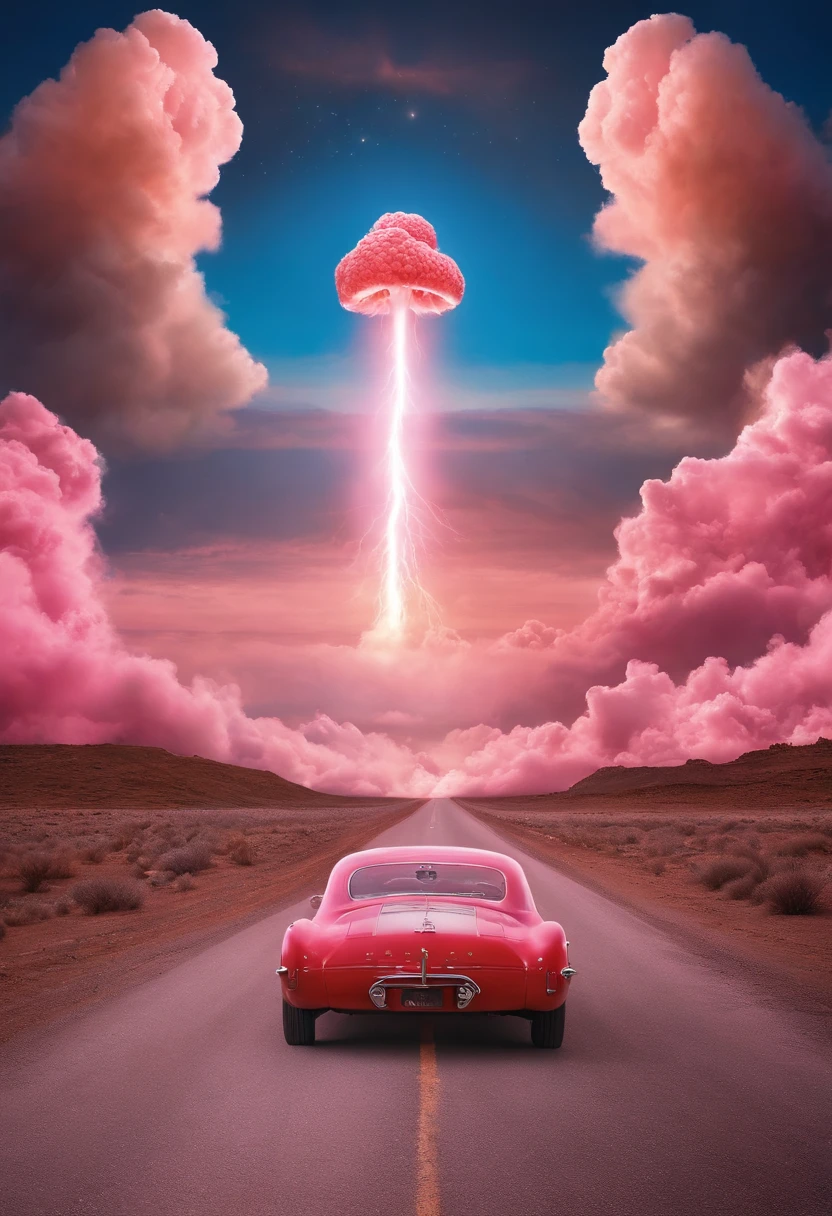 Top image quality，Ultra HD Pictures refer to the best existing visuals for the feel of a hydrogen bomb explosion mushroom cloud picture movie poster（Reference to a video or image of the hydrogen bomb unicorn that exploded in France in 1970）Huge visually stunning pink candy-colored mushroom clouds on an empty plain，The visuals should be both shocking and sweet。There is no sense of horror，The whole picture seems to be a world of candy，Beautiful pink，South Coast Blue，Extremely beautiful, realistic scenes, grand hydrogen bomb explosion scenes，The brilliant colors are like a fairy tale。