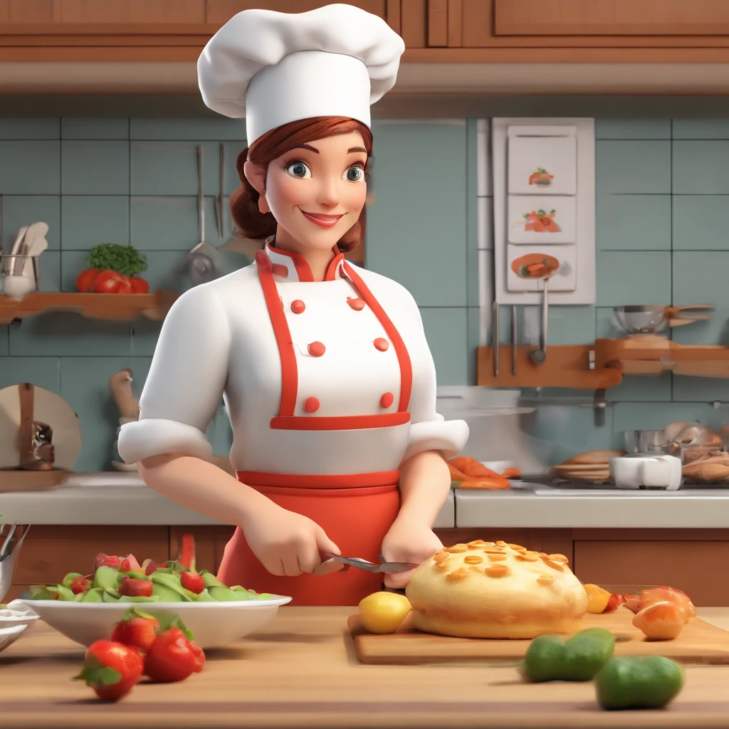 Crie uma cena de desenho animado estilo 3d -Pixar, Onde uma mulher, de cabelos lisos castanhos com 35 anos de idade, She's cooking dressed as a pastry chef.
