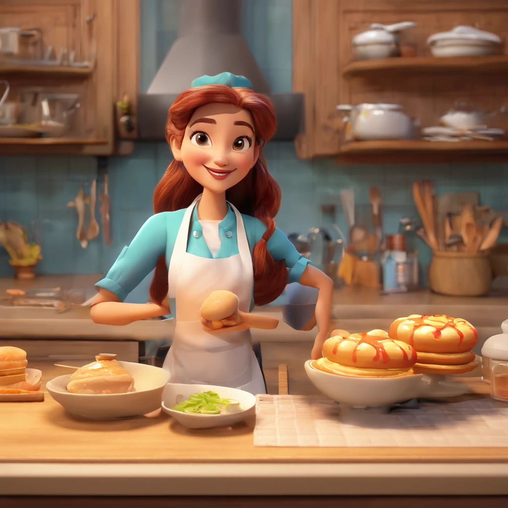 Crie uma cena de desenho animado  estilo 3d -Pixar, Onde uma mulher, de cabelos lisos castanhos com 35 anos de idade, She's cooking dressed as a pastry chef.