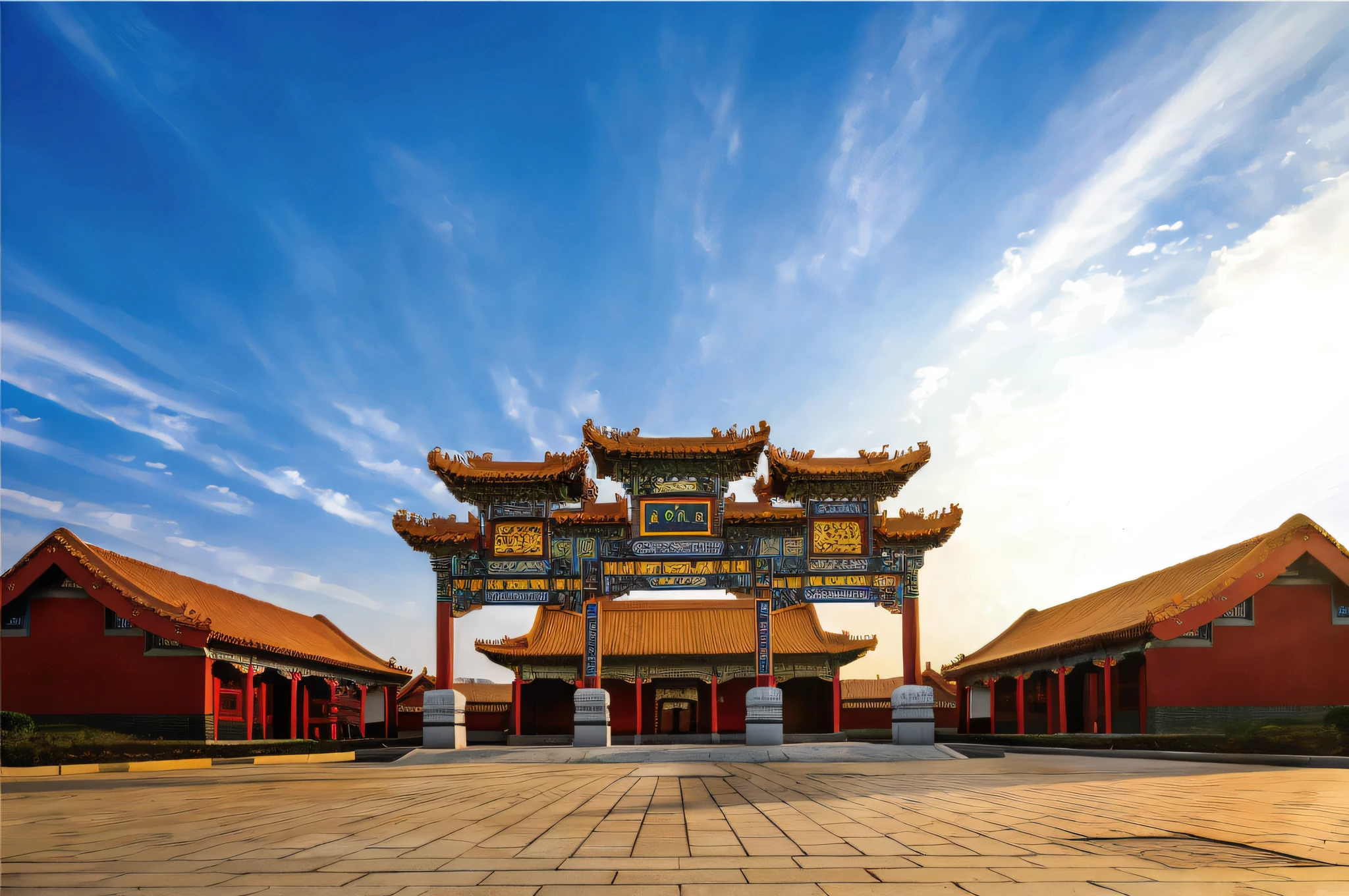 There is a large building with a red roof and a yellow gate, Ancient Chinese architecture, Chinese architecture, Tang Dynasty Palace, Chinese palaces, beijing, Chinese style buildings, chinese temple, the forbidden city, baotou china, the forbidden city, Taoist temples and monks, Chinese tradition, nanquan, dreamland of chinese, With a Chinese temple, by Xuande Emperor