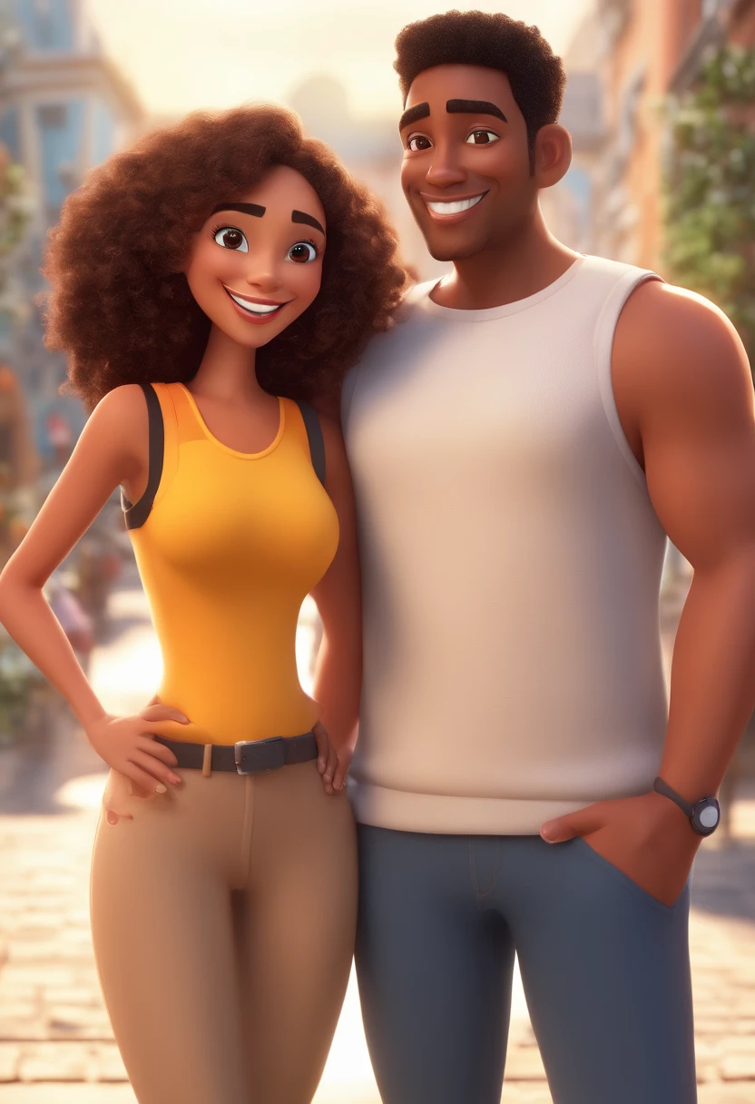 An illustration of an adorable couple, Highlight for a mulatto man with a red cap and a brunette woman with beautiful expressive eyes - the man's skin is mulatto, the woman's skin is brunette, and the woman's hair is straight and black. They are a bright room, cada um com um sorriso no rosto, e compartilhar um momento especial caracterizado pelo amor, Insights. Illustrate this scene from a perspective where they are facing the camera, Smiling and Showing Your Connection. Desenvolva esta arte em Full HD, Focus on your cinematic touch, Estilo Disney Pixar Animations