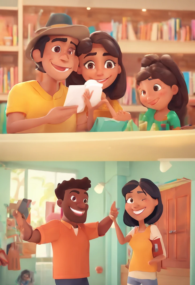 An illustration of an adorable couple, Highlight for a mulatto man with a red cap and a brunette woman with beautiful expressive eyes - the man's skin is mulatto, the woman's skin is brunette, and the woman's hair is straight and black. They are a bright room, cada um com um sorriso no rosto, e compartilhar um momento especial caracterizado pelo amor, Insights. Illustrate this scene from a perspective where they are facing the camera, Smiling and Showing Your Connection. Desenvolva esta arte em Full HD, Focus on your cinematic touch, Estilo Disney Pixar Animations