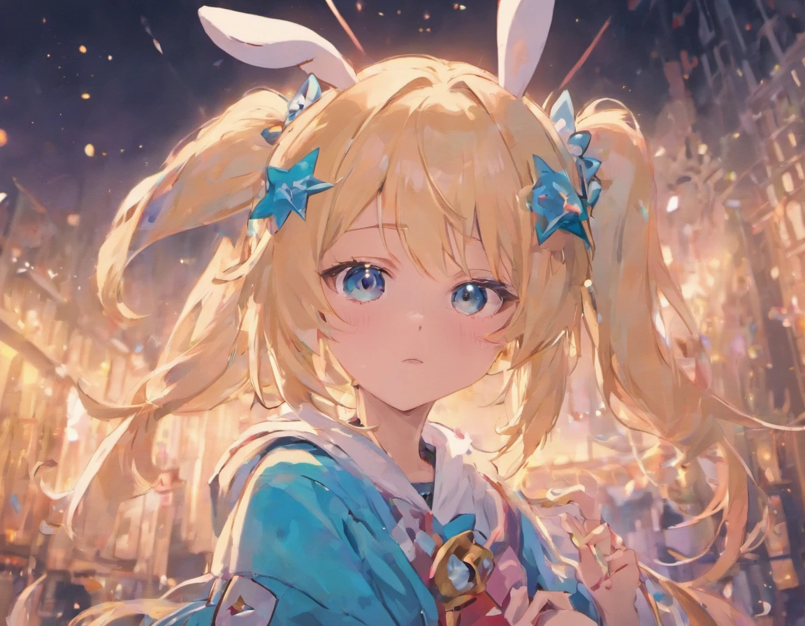 girl，With rabbit ears on the head，adolable，Blonde Blue Eyes, Stars in the eyes, Twin-tailed, komono, A Japanese style