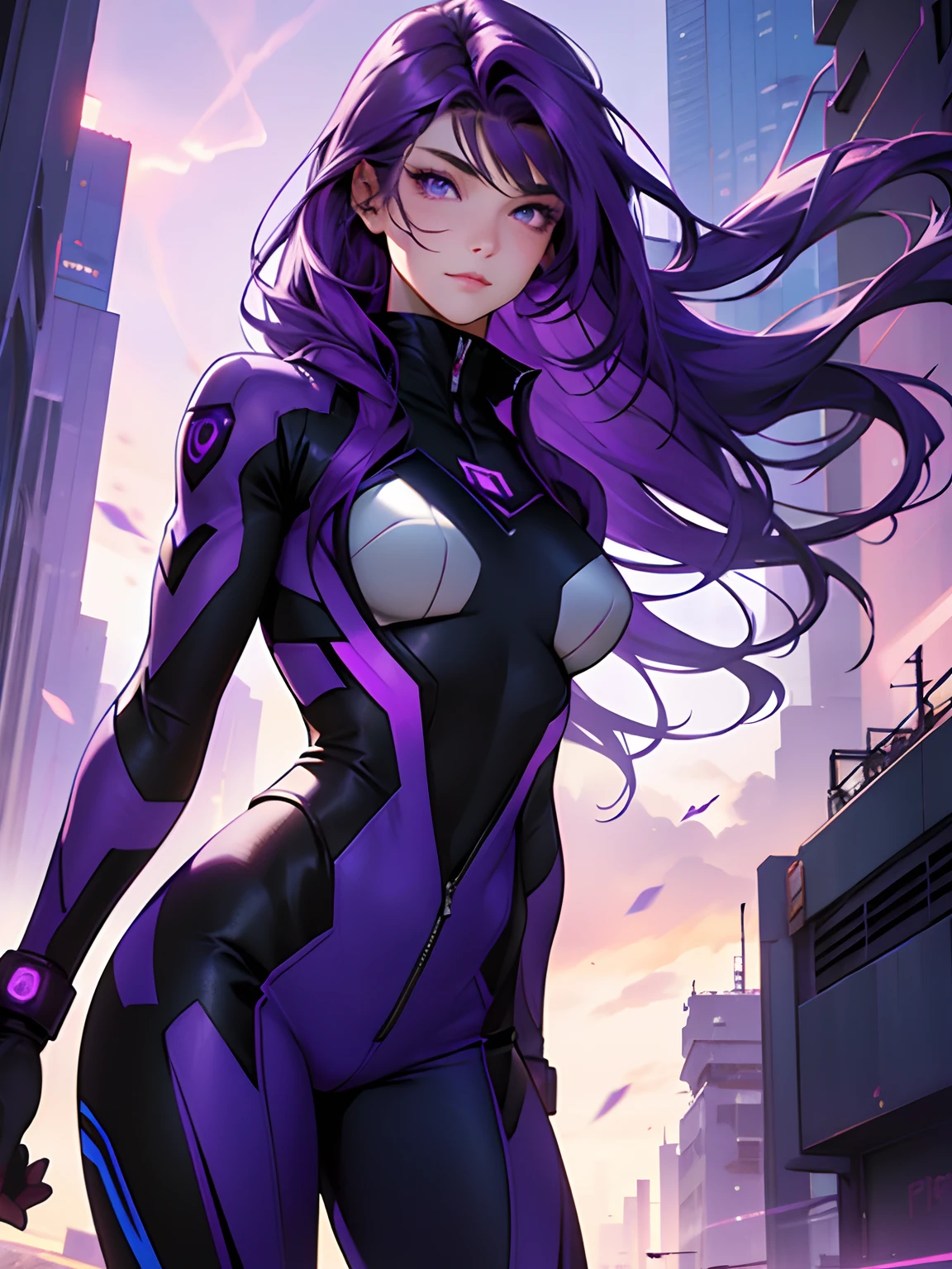 Female, dark purple hair, side parted bobbed hair, wears square colored glasses, black suit, slanted eyes, thin eyebrows, thin lips, sullen expression, purple eyes