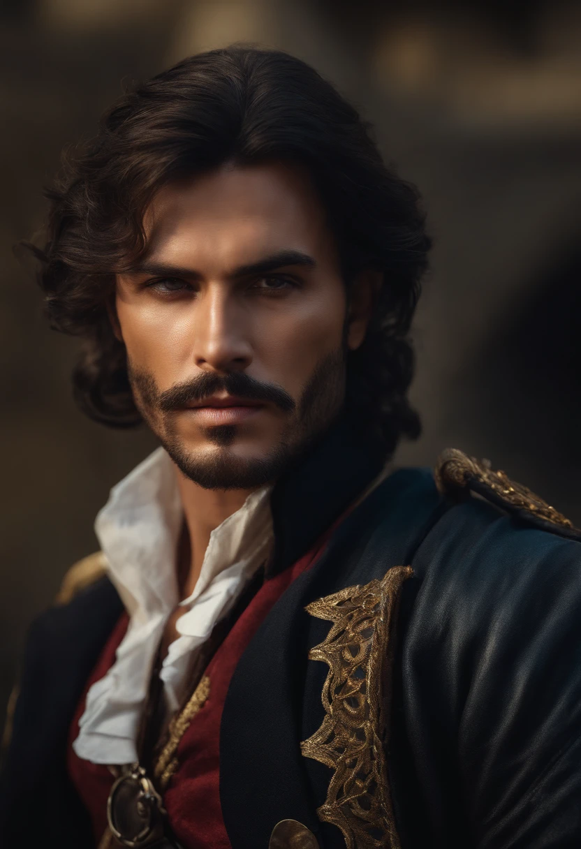 8K ultra - realistic photograph, portrait man 25 years, pirate , dark hair, daylight, fantasy 4k