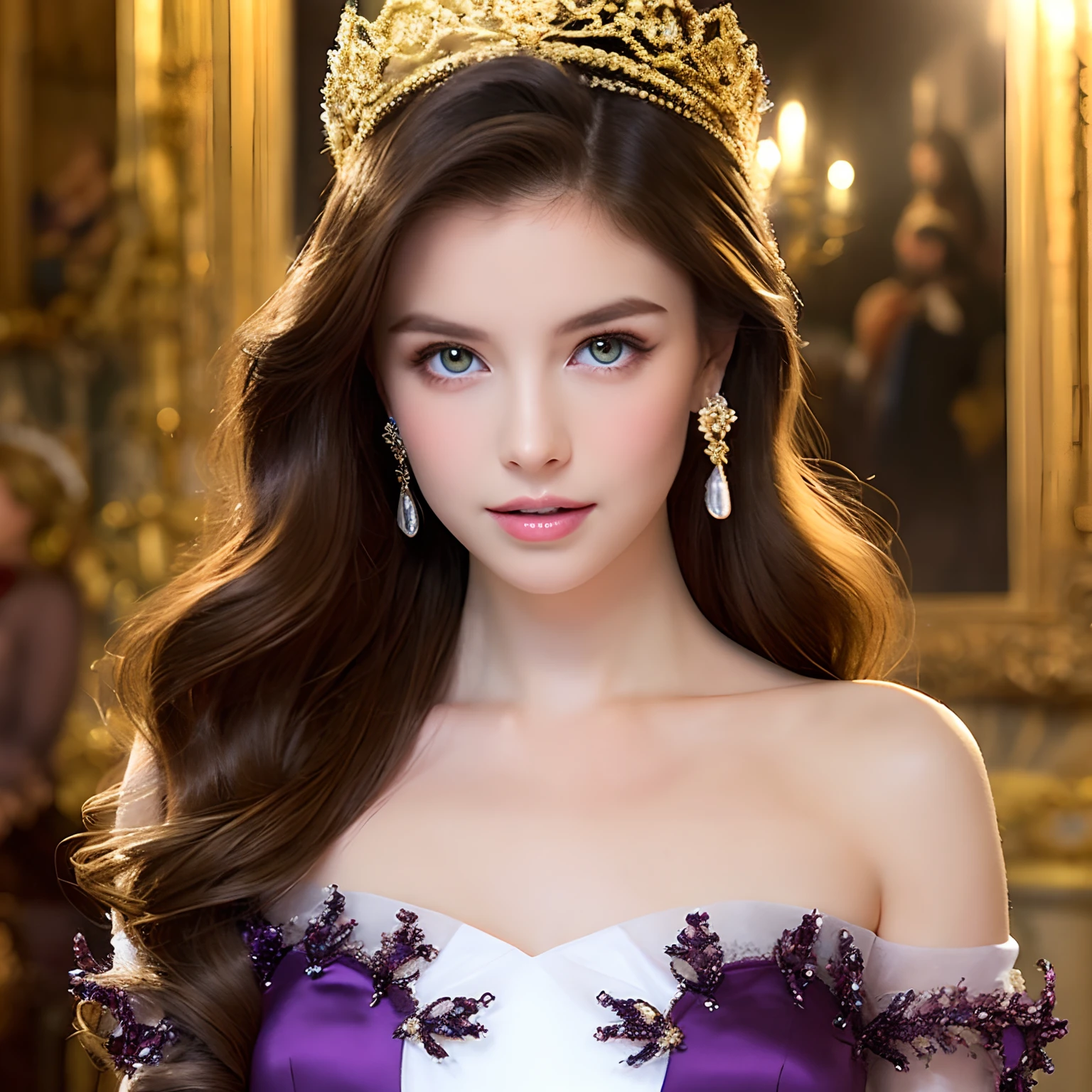 masterpiece、top-quality、ultra-detailliert、long wavy white hair、Big moss-green eyes、Pure white and transparent to the touch。For a party dress with velvet texture in Bordeaux color、Luxuriously decorated with gold and amethyst。Miss World Winner、Close-up Face、The background is the exterior of Buckingham Palace、