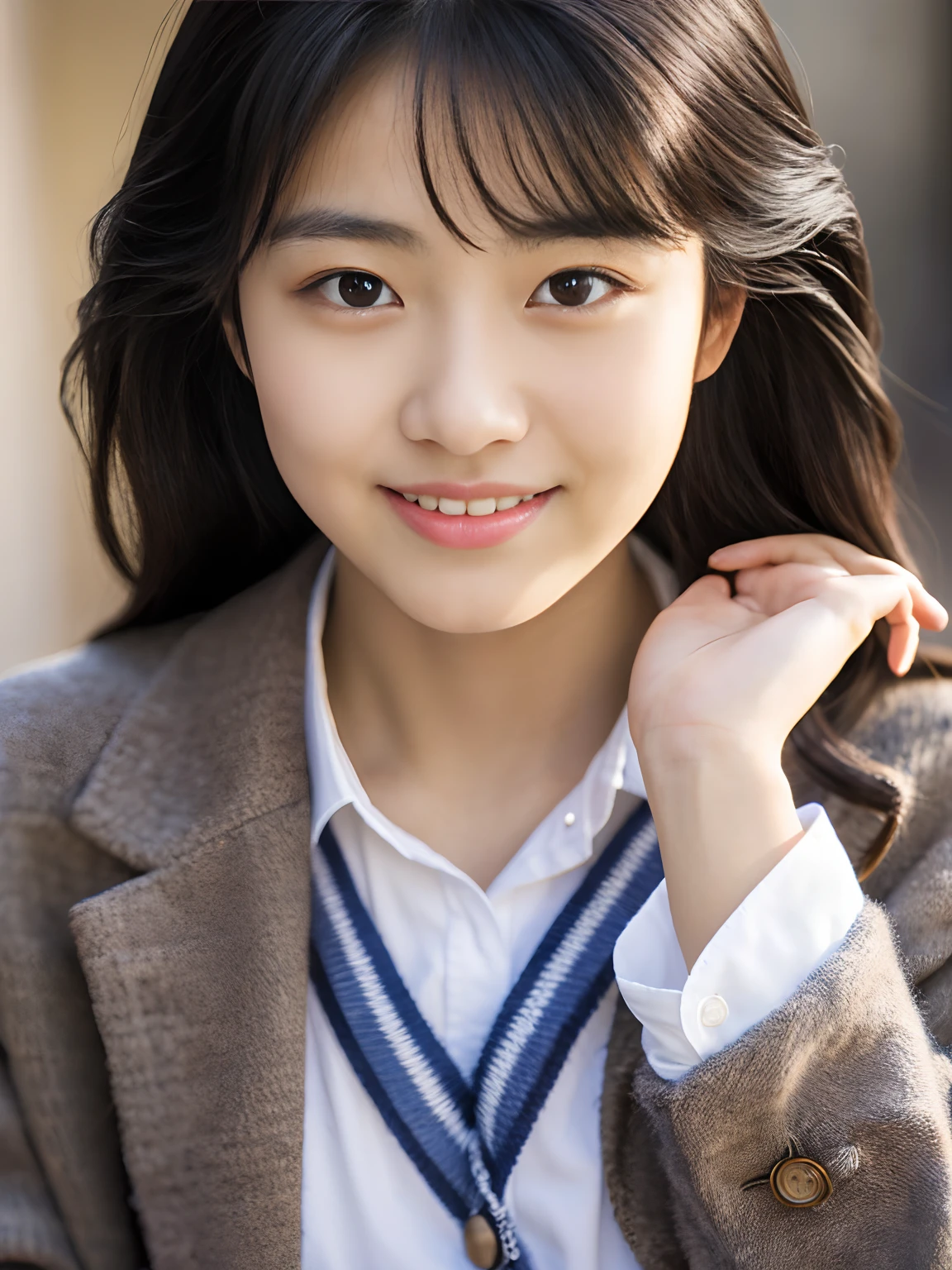1 Nogizaka Musume, Very cute, a beauty girl, 18year old, Beautiful face, eyes and skin with exquisite detail, Detailed black hair, Smile at the camera, cowboy  shot, the way from school to home, profetional lighting, BREAK, (realisitic, Photorealsitic:1.37), 8K, (​masterpiece), (top-quality:1.4), (超A high resolution:1.2), (Raw photography:1.2)、(super detailed beautiful cloths)、perfect anatomia、4fingers and 1thumb、hyper detailed background、（Wearing white underwear）、FULL BODYSHOT、A half body