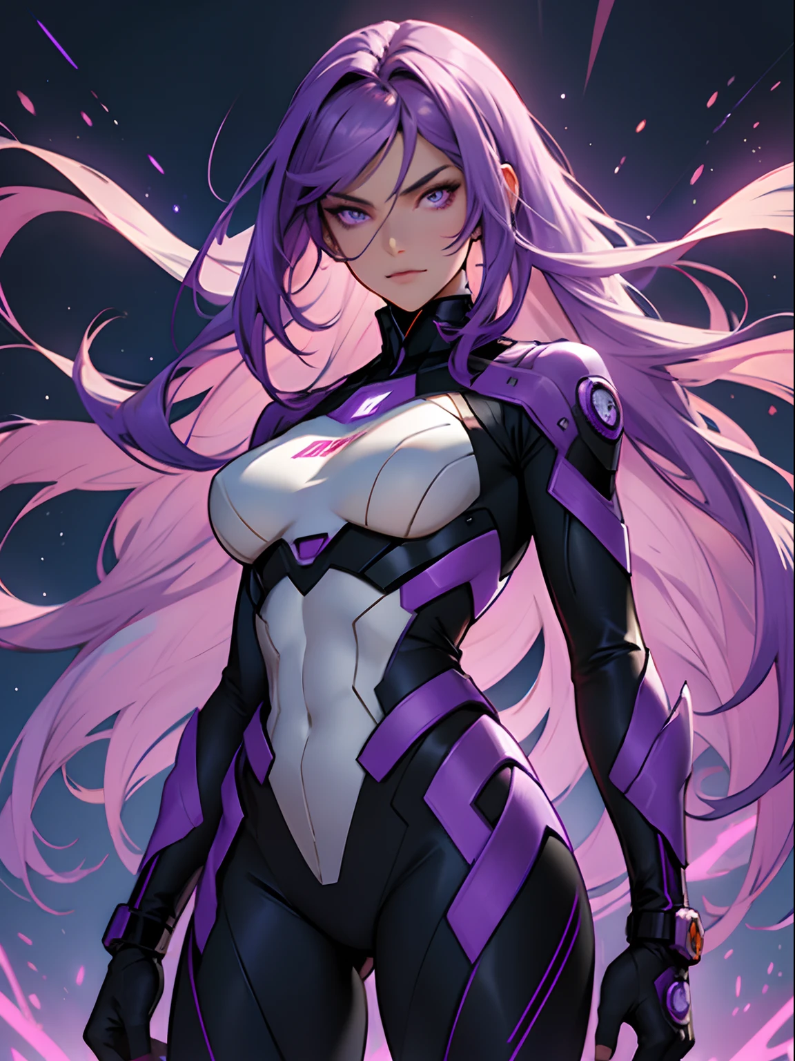 Tall girl. superhero. purple hair. long purple hair. Futuristic Hero Costume. futuristic jumpsuit. Slender figure. Beautiful superhero girl. long haircut. in full height. Hero pose.. Hair develops in the wind. Glowing Hair. violet eyes.. Detailed. hiquality . higly detailed. 4k. 8K. Sparks of Violet Flame. Flickering particles in the air. Hero pose. Developing hair