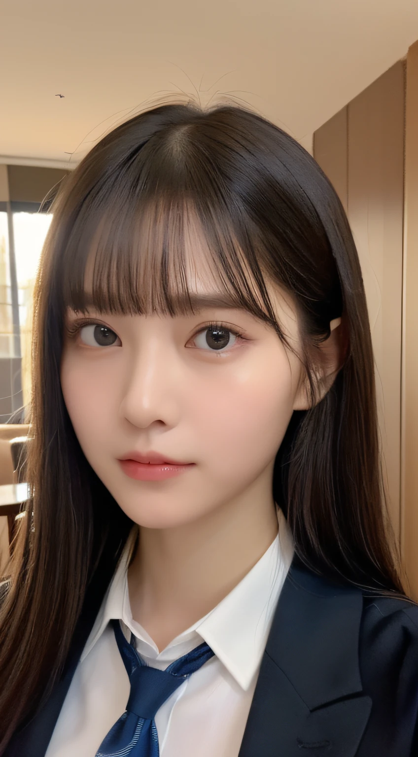 ((top-quality、8K、​masterpiece:1.5))、One girl、(Unhealthy face)、(Letter to)、Blunt bangs、(Lots of bangs:1.4)、(full body Esbian:1.4)、(Symmetrical face)、hyperdetailed face、Ultra detailed mouth、A detailed eye、Detailed ears、Slim Faces、(selfee:1.4)、(Looking Up)、(From  above)、(Straight long hair、Ahoge:1.3)、(Upper Eyes)、the background is blurred、(Black Recruit Suit、neck tie:1.3)、lipgloss、(Hotel Bed)、(natural soft light:1.3)、(Looking straight ahead:1.5)、