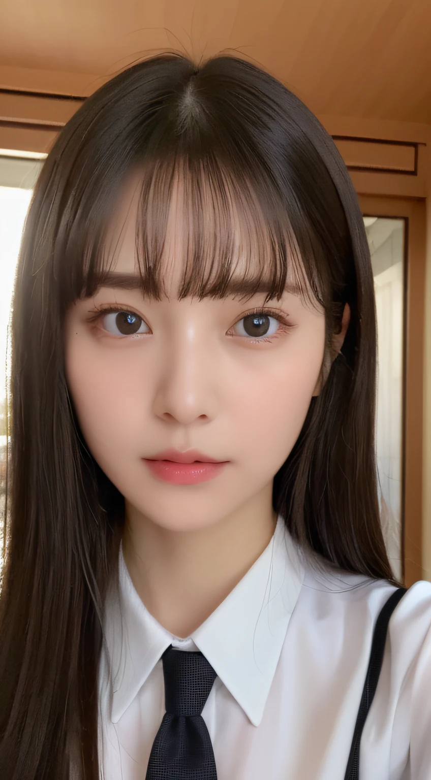 ((top-quality、8K、​masterpiece:1.5))、One girl、(Unhealthy face)、(Letter to)、Blunt bangs、(Lots of bangs:1.4)、(full body Esbian:1.4)、(Symmetrical face)、hyperdetailed face、Ultra detailed mouth、A detailed eye、Detailed ears、Slim Faces、(selfee:1.4)、(Looking Up)、(From  above)、(Straight long hair、Ahoge:1.3)、(Upper Eyes)、the background is blurred、(Black Recruit Suit、neck tie:1.3)、lipgloss、(Hotel Bed)、(natural soft light:1.3)、(Looking straight ahead:1.5)、