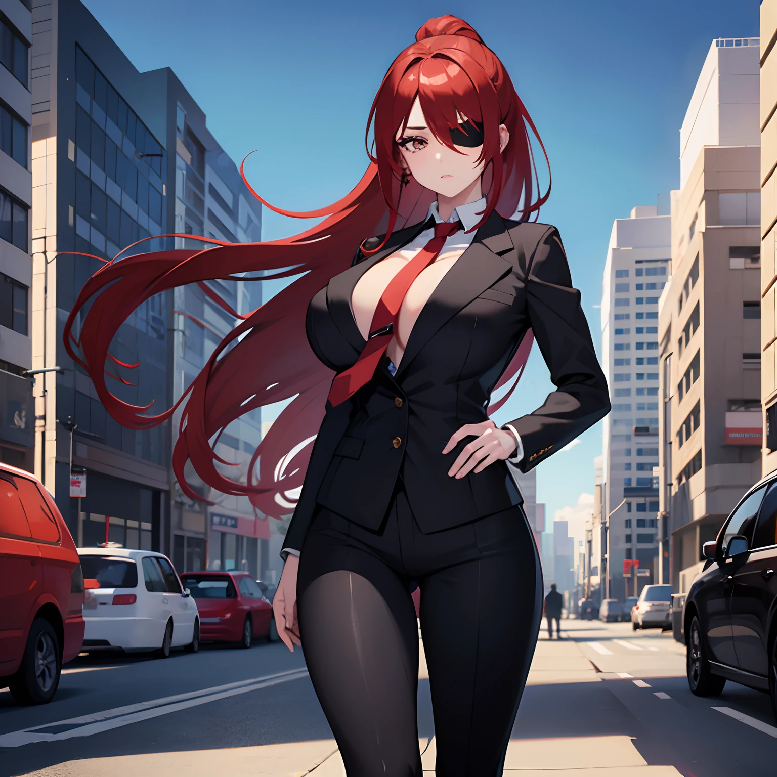 1girl, detailed face, detailed eyes, red hair, long ponytail, white eyes, serious, eyepatch, gigantic breasts, huge ass, black suit, business suit, red necktie, pants, outdoors, city