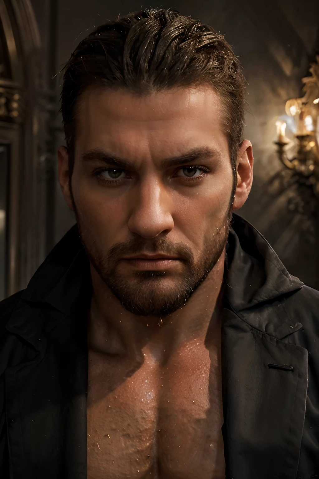 (beste-Qualit, High definition, Realstic:1.37), Figure masculine, Strong and muscular body, Look confiant, barbe, expression intense, dramatic lighting, Pose captivante, Style de portrait artistique, Tons de couleurs chauds et riches.