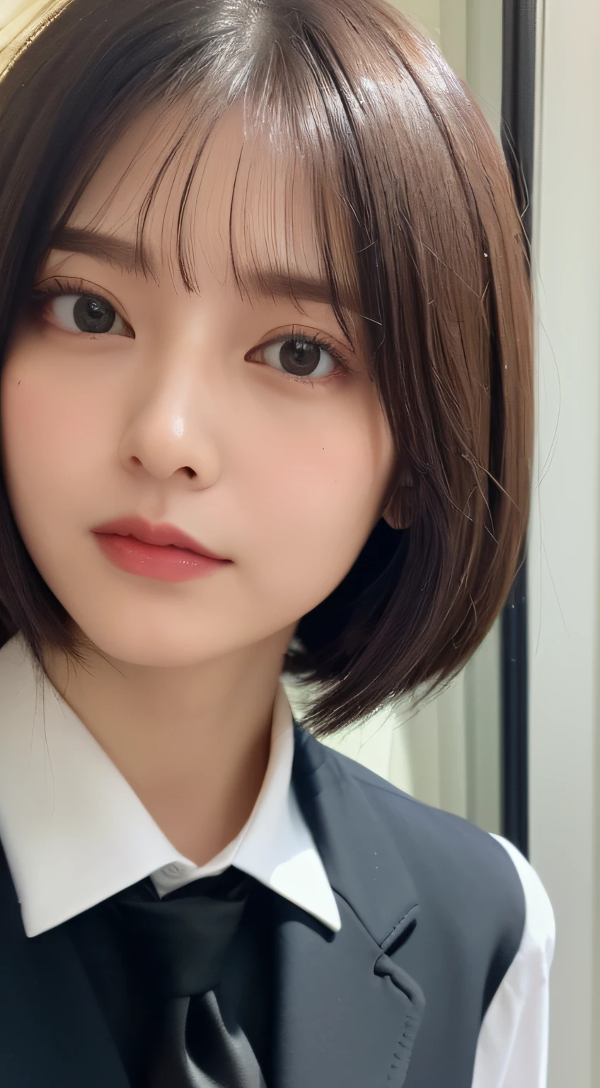 ((top-quality、8K、masterpiece:1.5))、One girl、(Unhealthy face)、(Letter to)、Blunt bangs、(Lots of bangs:1.4)、(full body Esbian:1.4)、(Symmetrical face)、hyperdetailed face、Ultra detailed mouth、A detailed eye、Detailed ears、Slim Faces、(selfee:1.4)、(Looking Up)、(From above)、(Berry Short Hair、Ahoge:1.3)、(Upper Eyes)、the background is blurred、(Black business suit、neck tie:1.3)、lipgloss、(Hotel Bed)、(natural soft light:1.3)、(Looking straight ahead:1.5)、