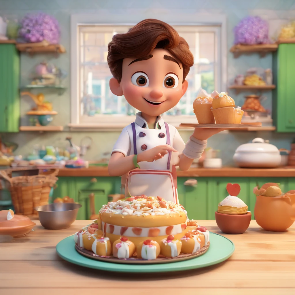 Create a Disney Pixar-inspired poster with the character being a dreamy pastry chef, um homem vestindo dolma, em uma confeitaria com um fouet sobre a mesa bolos