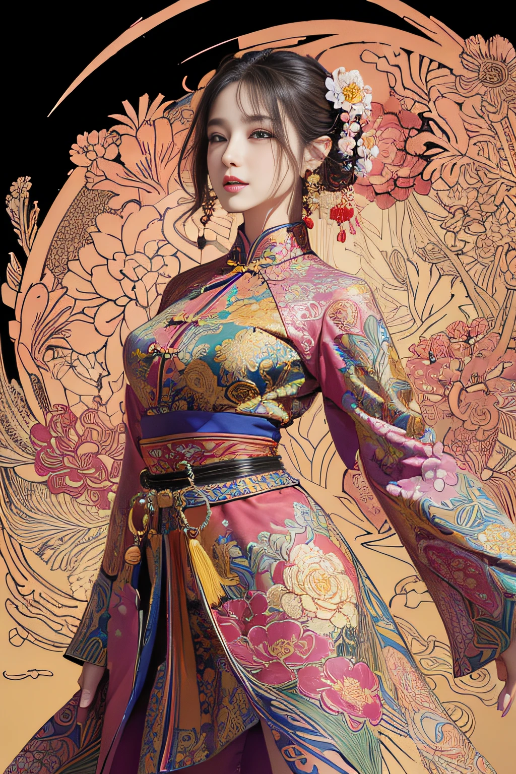 (masterpiece, top quality, best quality, official art, beautiful and aesthetic:1.2), (1girl:1.3), extremely detailed,(fractal art:1.1),(colorful:1.1)(flowers:1.3),highest detailed,(zentangle:1.2), (dynamic pose), (abstract background:1.3), (chinese Traditional cloth:1.2), (shiny skin), (many colors:1.4), ,(earrings:1.4),