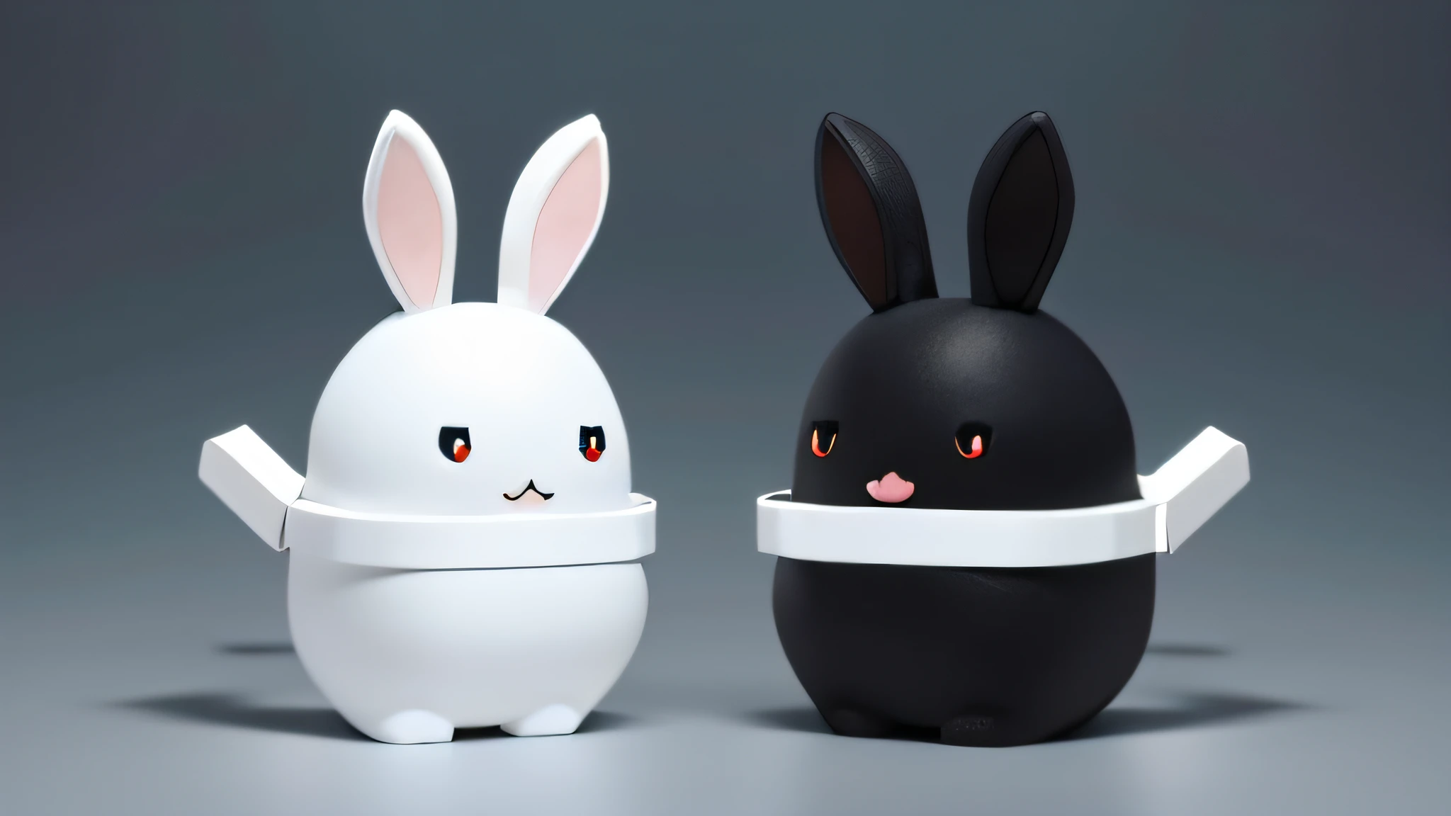 Lovely Rabbits, Bubble Mart style, Minimalist colors, Blind box, the whole body, Visual full body view, front view, side view, Rear View, Octane rendering, Plush texture, White background--ar 16:9 --niji 5 --style expressive, pac-man eyes, c4d, Ray Tracing, three sided view, drop shadow, blind box toy style, high details, super detail, 8k