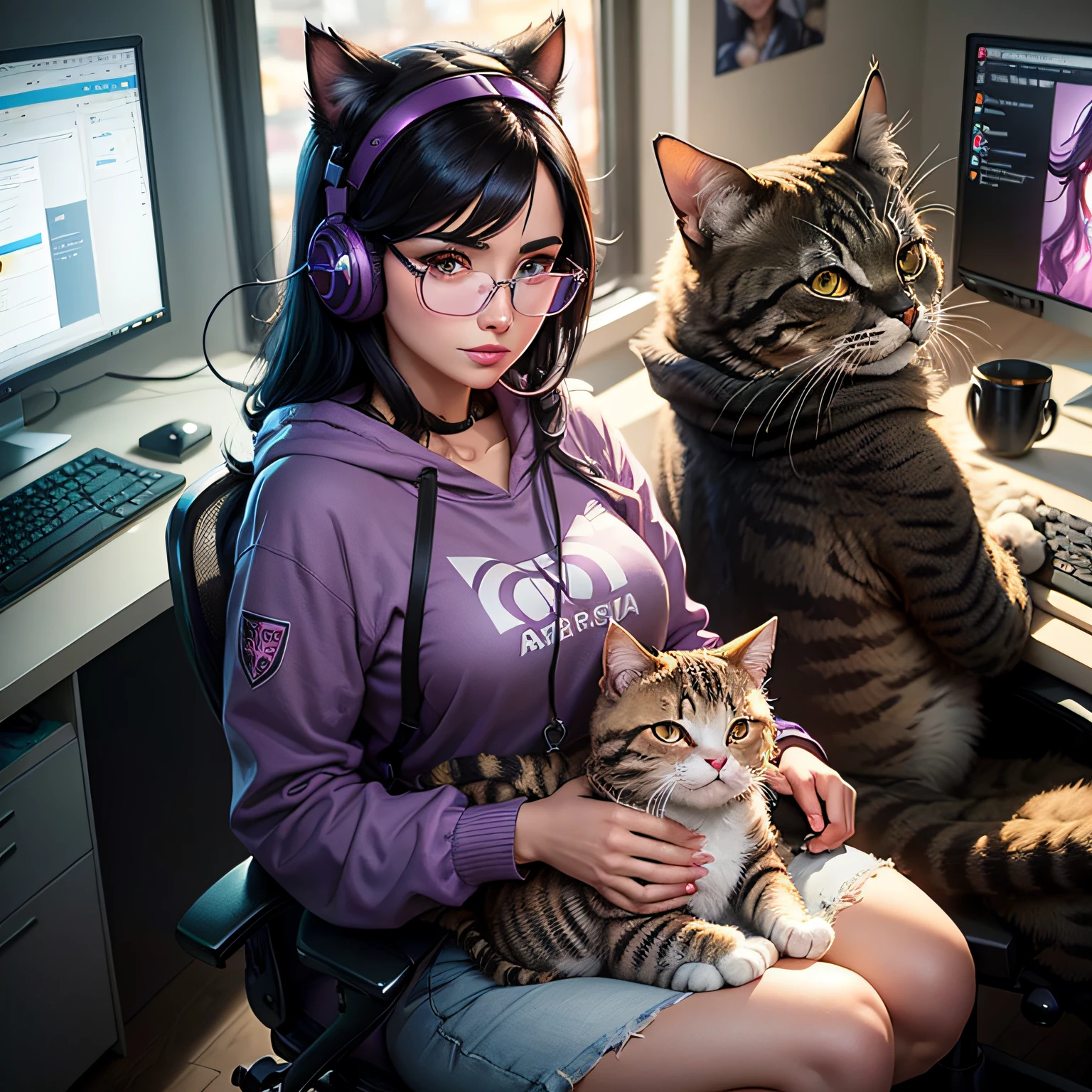 Close-up portrait of purple and black haired woman wearing glasses, Gwise-inspired art, Model IG | ArtGerm, Very detailed ArtGerm, ilya kuvshinov and artgerm, Ilya Kuvshinov with long hair, Ilya Kuvshinov. 4 k, Realistic art style, ArtGerm. Anime Illustration, gamer, Cat ears, With headset, Full body, Gamerchair, developer, Gamer Computers, Sweatshirt included,Cat on the lap
