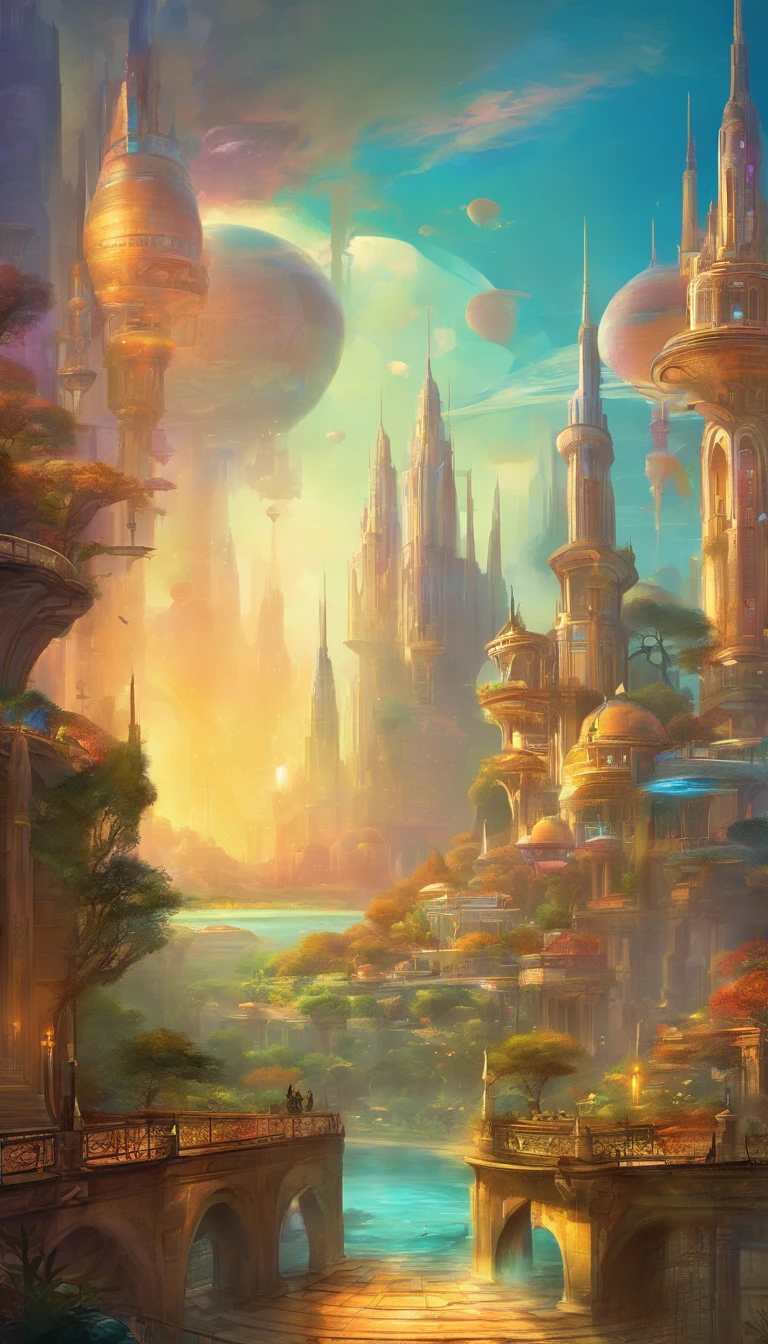 (utopian future city, futuristic cityscape, shimmering vibrant colors, prosperous buildings, luxurious fashion and architectural designs, lavish structures, utopian future, extremely detailed HDR, flawless, stunning progressive architecture, perfect world, reflective surfaces, underground scattering, immaculate structures, beyond imagination, 8K, global illumination, wide-angle, divine rays, dream world)