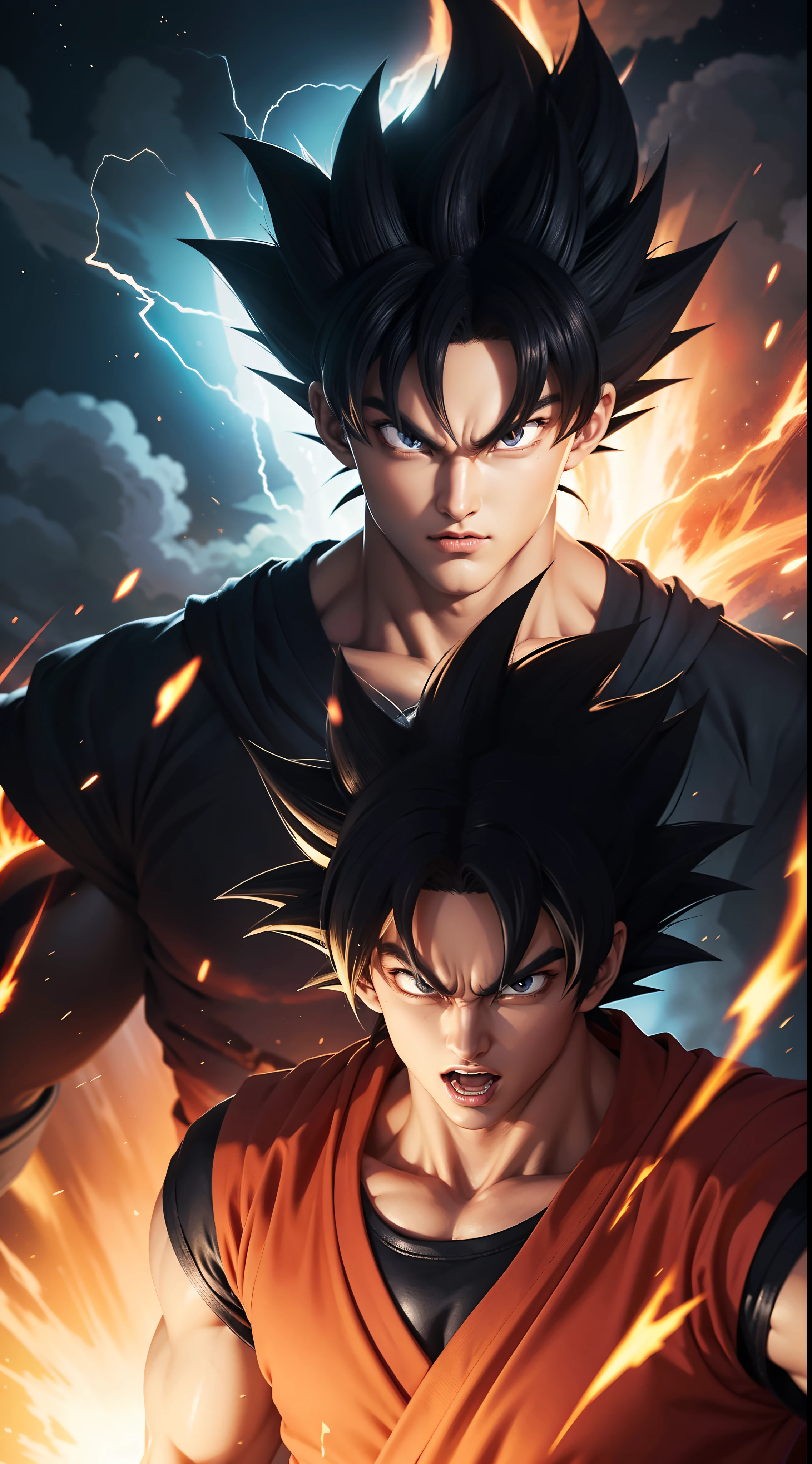 Get ready for a visual feast with the titan God Goku who has a handsome face and beautiful red eyes. Upper body without accessories. In his transformed state, he radiates extreme instinct and power, creating an epic anime about this man of energy. See how he manipulates fire and lava in stunning anime artwork that will blow your mind. This concept art is straight from the Dragon Ball Universe, with manga-style 8k wallpapers that will transport you to another dimension. Get ready to be amazed by this detailed piece of digital anime art, showcasing the ultimate combination of style and power.