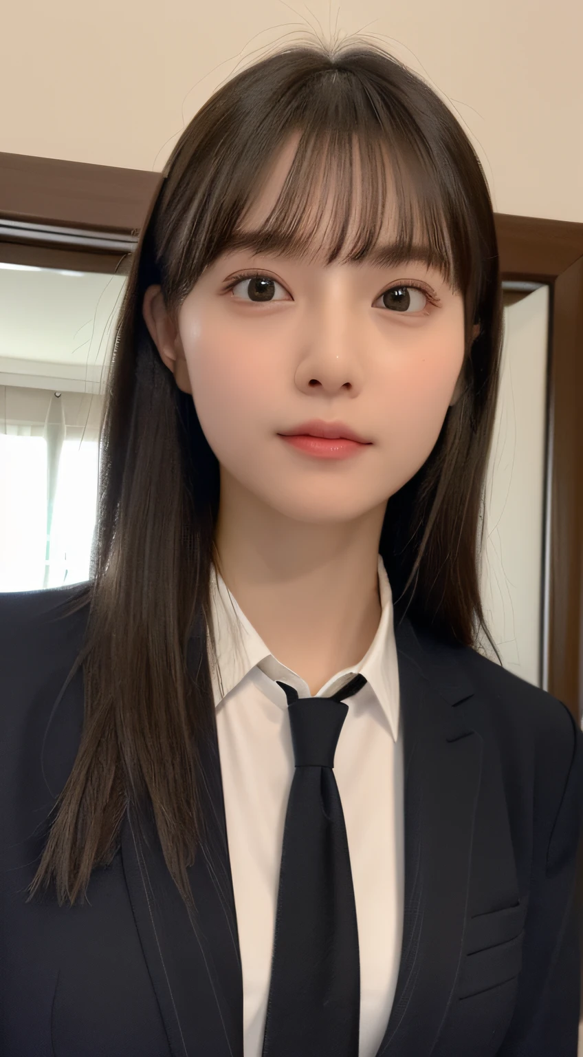 ((top-quality、8K、​masterpiece:1.5))、One girl、(Unhealthy face)、(Letter to)、Blunt bangs、(Lots of bangs:1.4)、(full body Esbian:1.4)、(Symmetrical face)、hyperdetailed face、Ultra detailed mouth、A detailed eye、Detailed ears、Slim Faces、(selfee:1.4)、(Looking Up)、(From  above)、(Straight long hair、Ahoge:1.3)、(Upper Eyes)、the background is blurred、(Black Recruit Suit、neck tie:1.3)、lipgloss、(Hotel Bed)、(natural soft light:1.3)、(Looking straight ahead:1.5)、