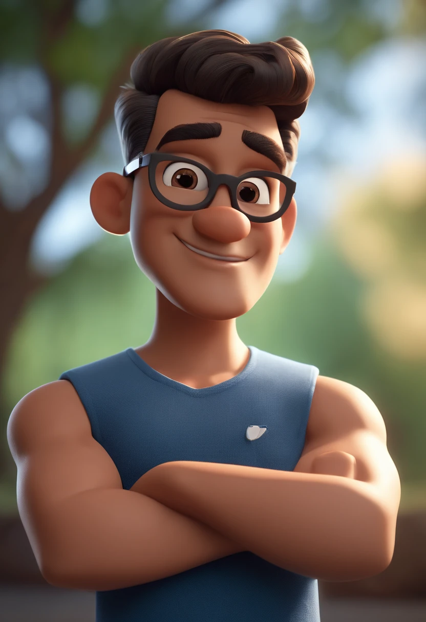 Cartoon character of a man wearing dark glasses and a blue shirt, An animated character, stylized character, animation style render, stylized 3 d, Rendu Arnold Maya, stylized 3d render, Toon Render Keyshot, 3d character, 3D character, stylized 3d render, 3D character rendering, cartoon character, Gros plan personnage, Personnage posant, (Style Pixar) (Masterpiece:1.2) (Bokeh) (Best quality) (detailed skin) (detailed texture) (8k) (argile) (lighting cinematic) (mise au point nette,Sits and flees upper body