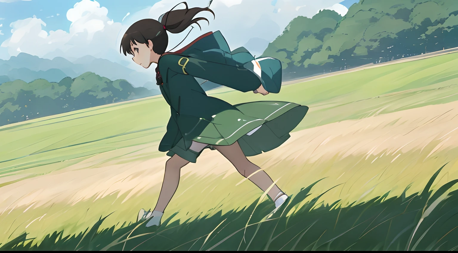 girl with、Side view、full bodyesbian、an legs、grass field、Anime style