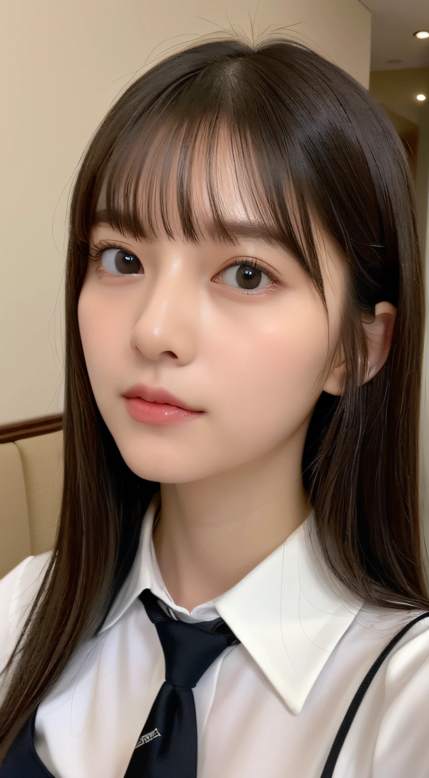 ((top-quality、8K、​masterpiece:1.5))、One girl、(Unhealthy face)、(Letter to)、Blunt bangs、(Lots of bangs:1.4)、(full body Esbian:1.4)、(Symmetrical face)、hyperdetailed face、Ultra detailed mouth、A detailed eye、Detailed ears、Slim Faces、(selfee:1.4)、(Looking Up)、(From  above)、(Straight long hair、Ahoge:1.3)、(Upper Eyes)、the background is blurred、(Black Recruit Suit、neck tie:1.3)、lipgloss、(Hotel Bed)、(natural soft light:1.3)、(Looking straight ahead:1.5)、